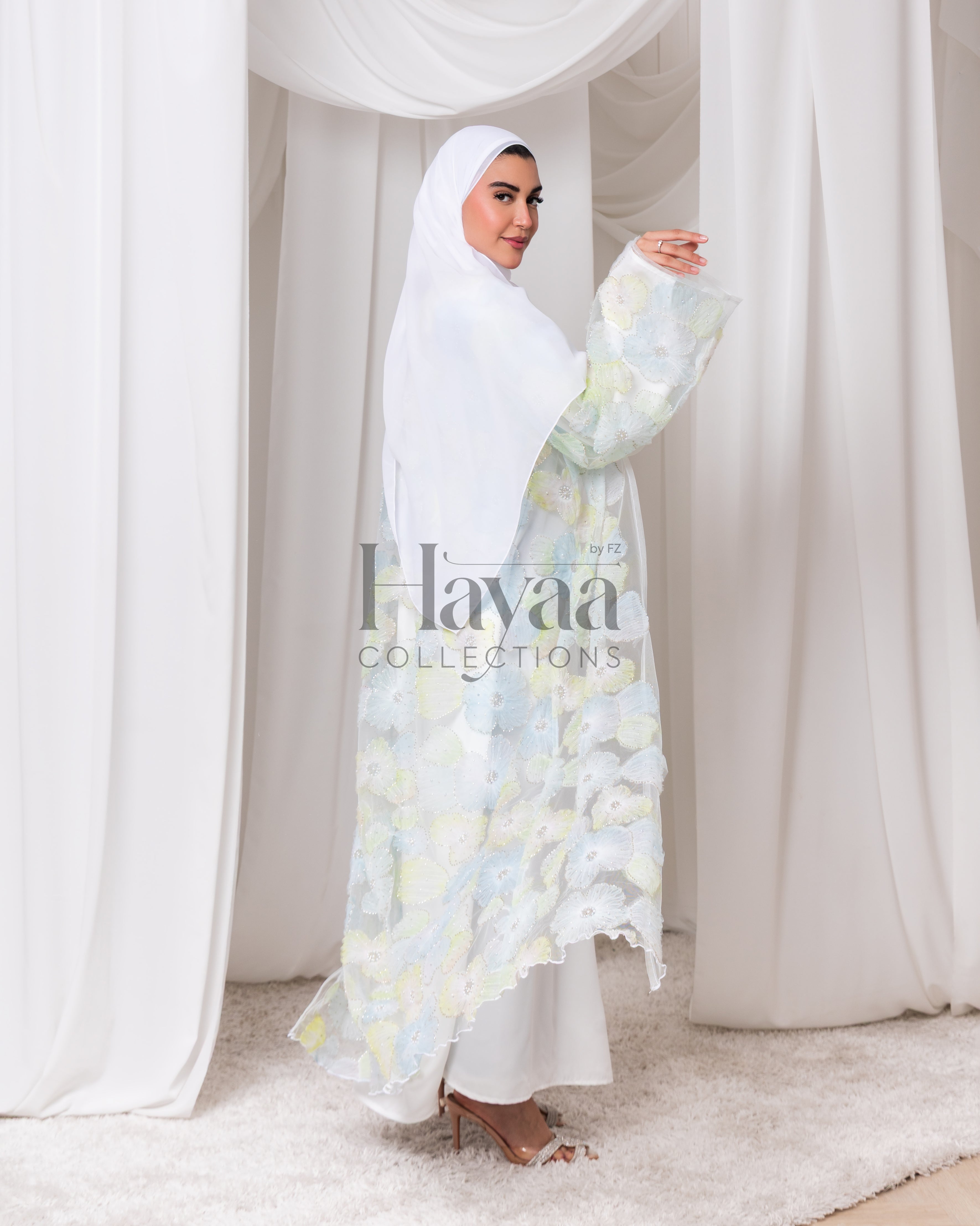 Liyana Light Blue Organza Printed Floral Open Abaya With Inner