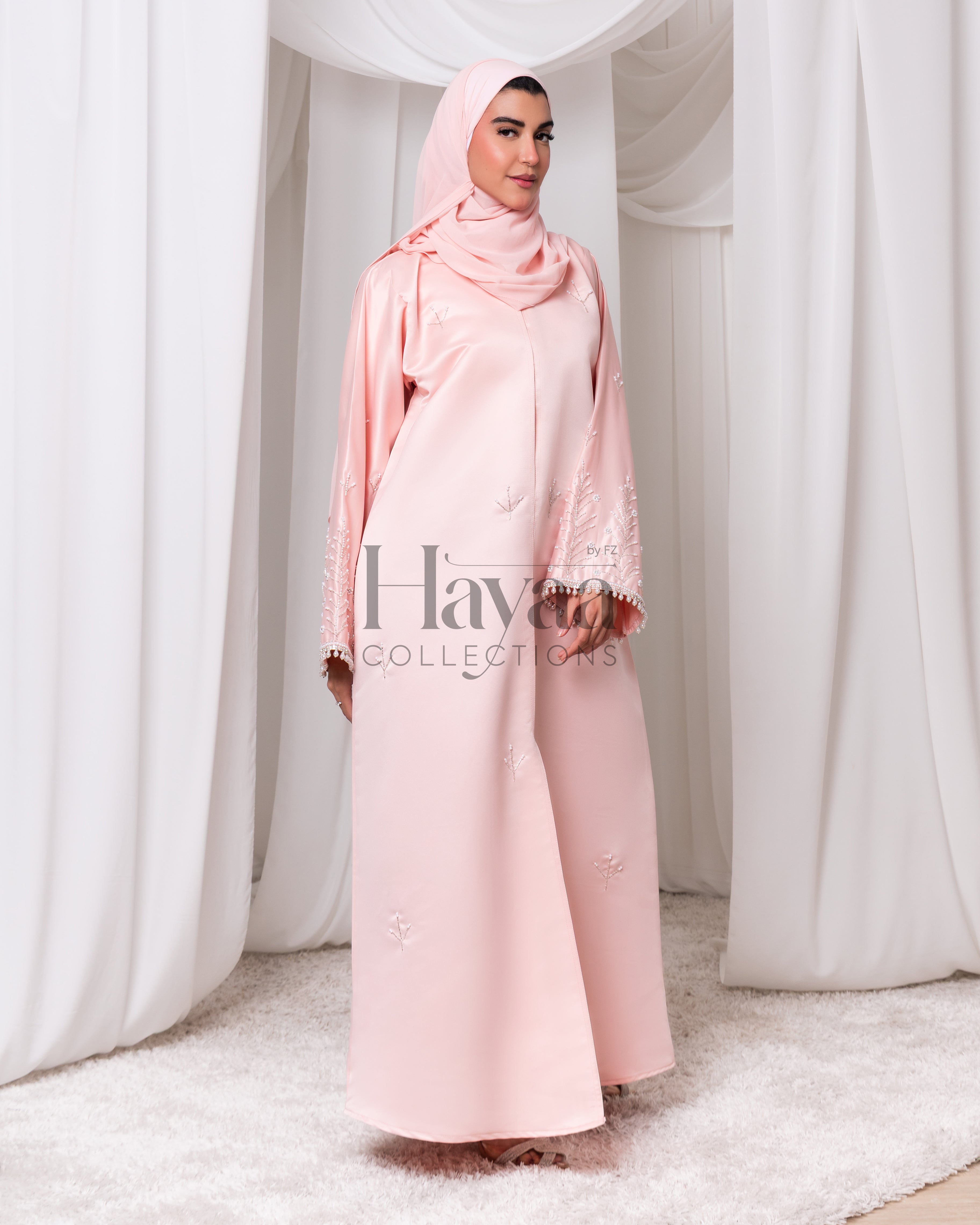 Ayla Pink Satin Beaded Abaya