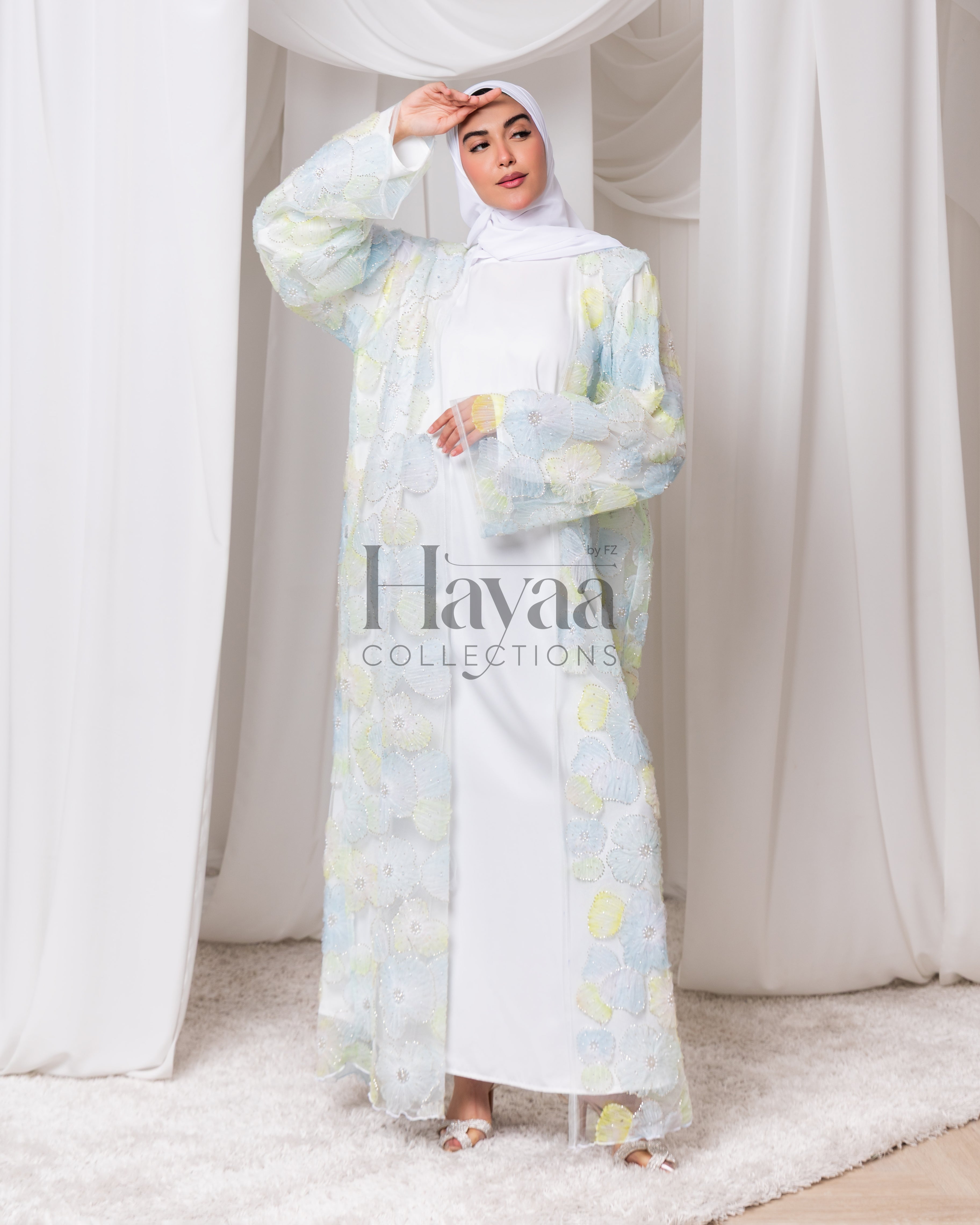 Liyana Light Blue Organza Printed Floral Open Abaya With Inner