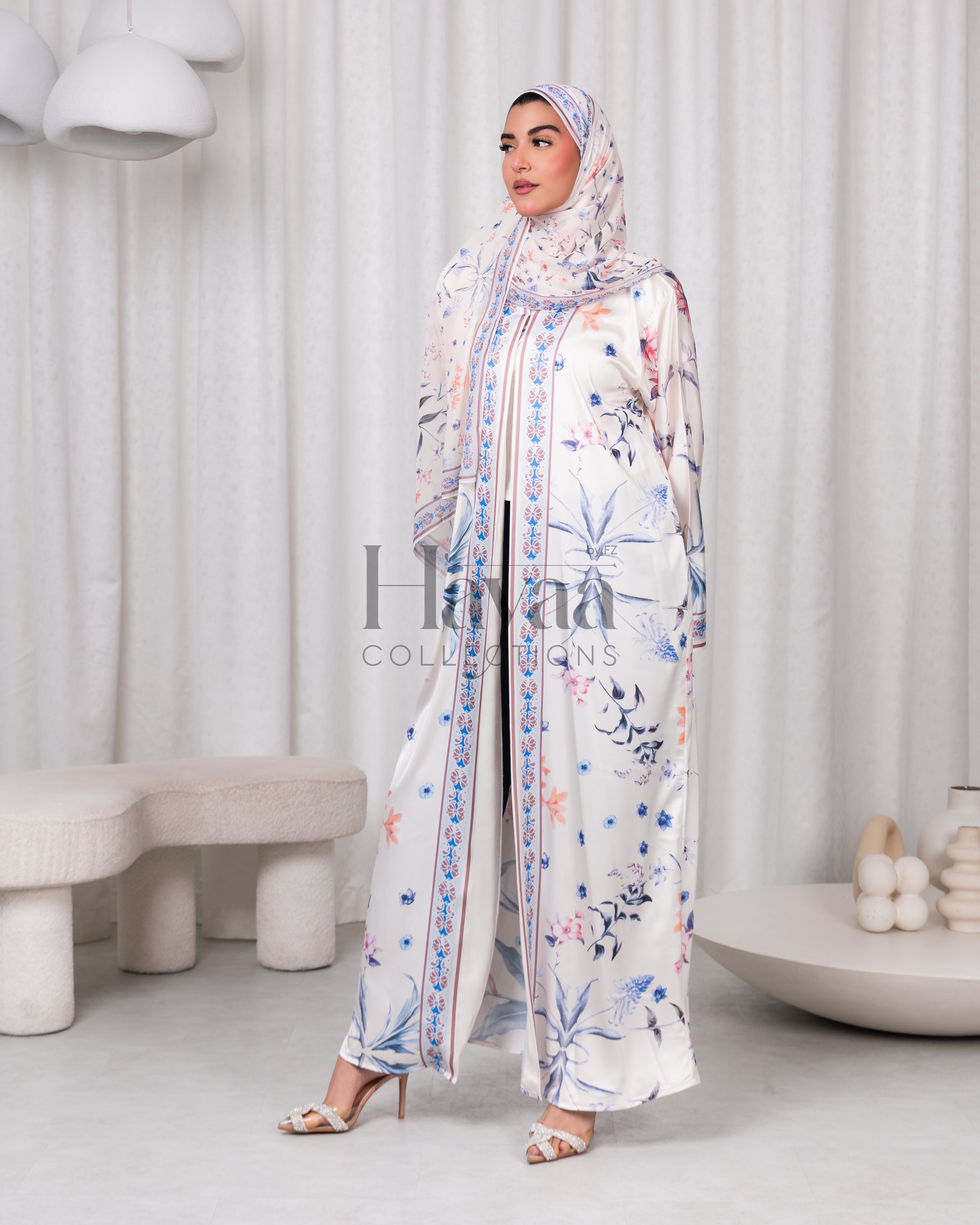 Yasmina Satin Printed Floral Open Abaya