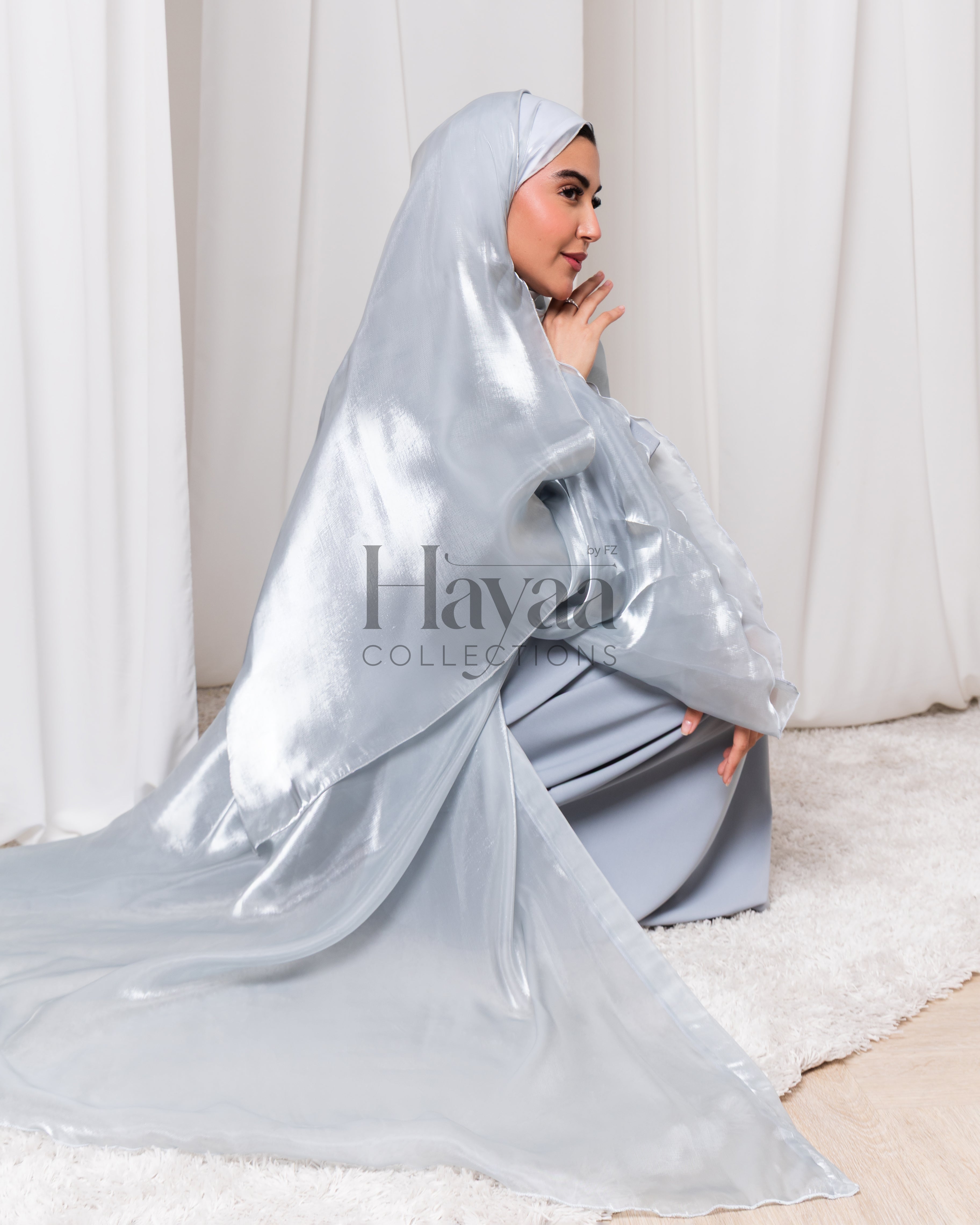 Layali Icy Blue Organza Open Abaya with Inner