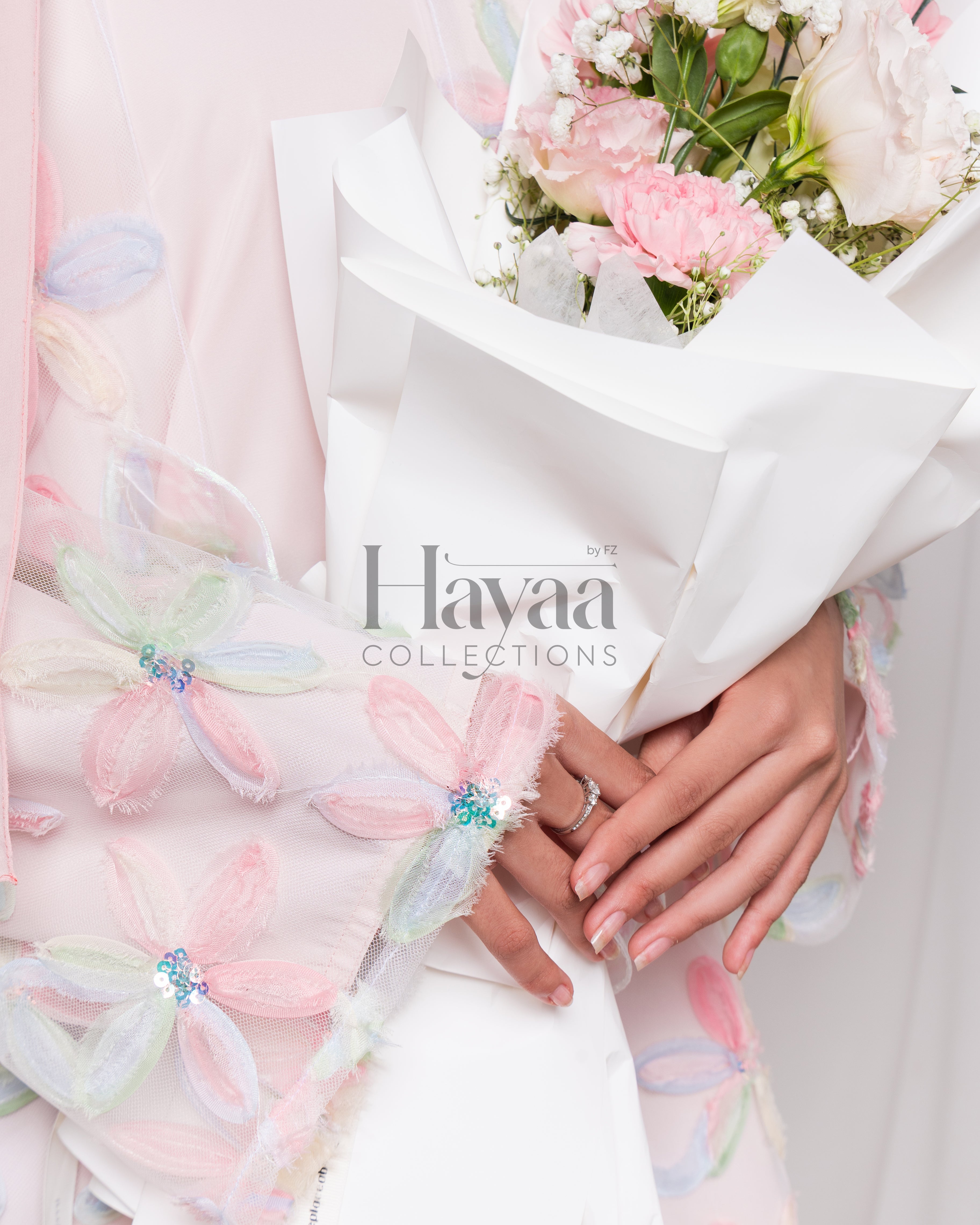 Liyana Light Pink Organza Printed Floral Open Abaya With Inner