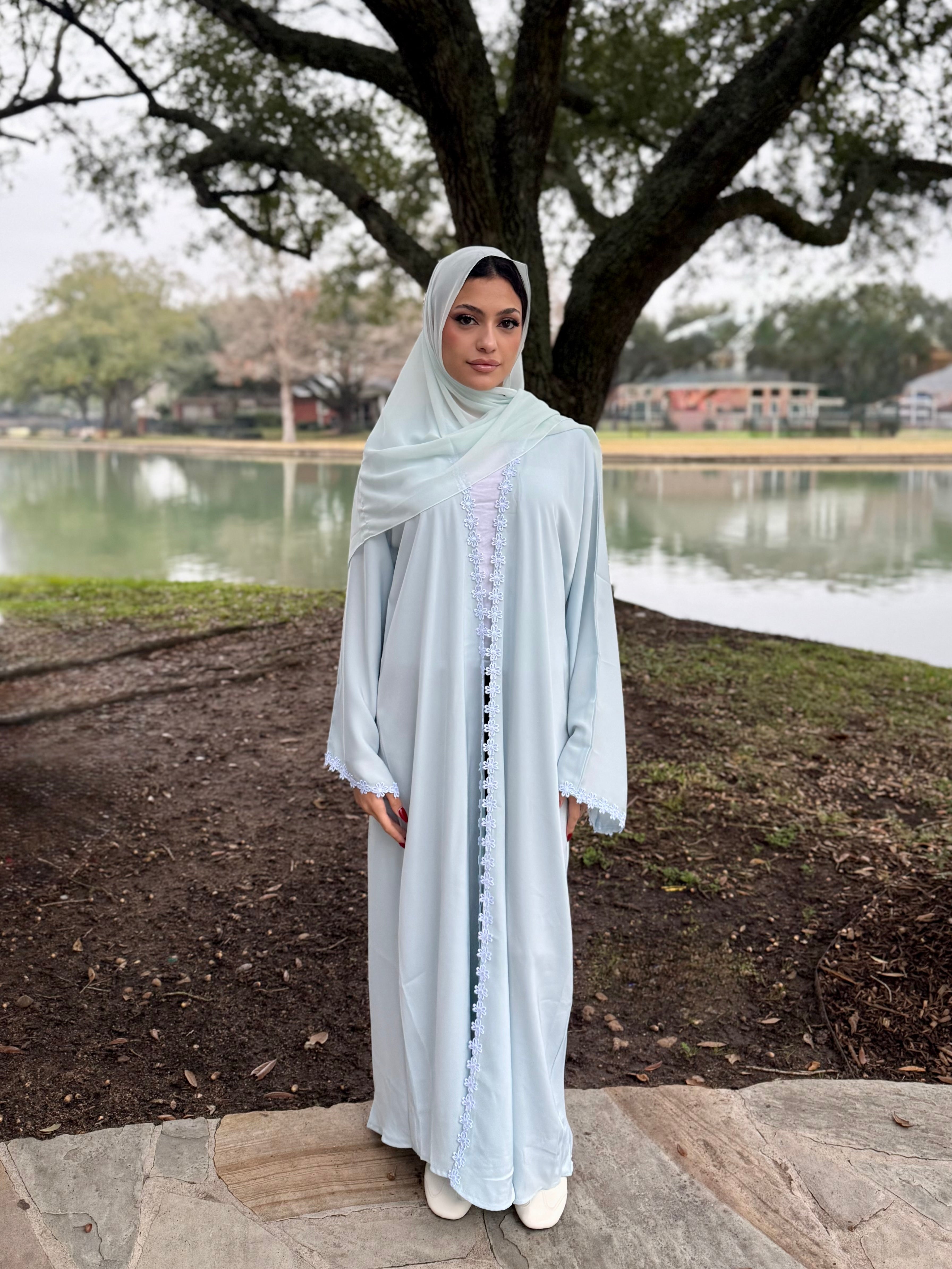 Arwa Sky Blue Floral Lace Abaya