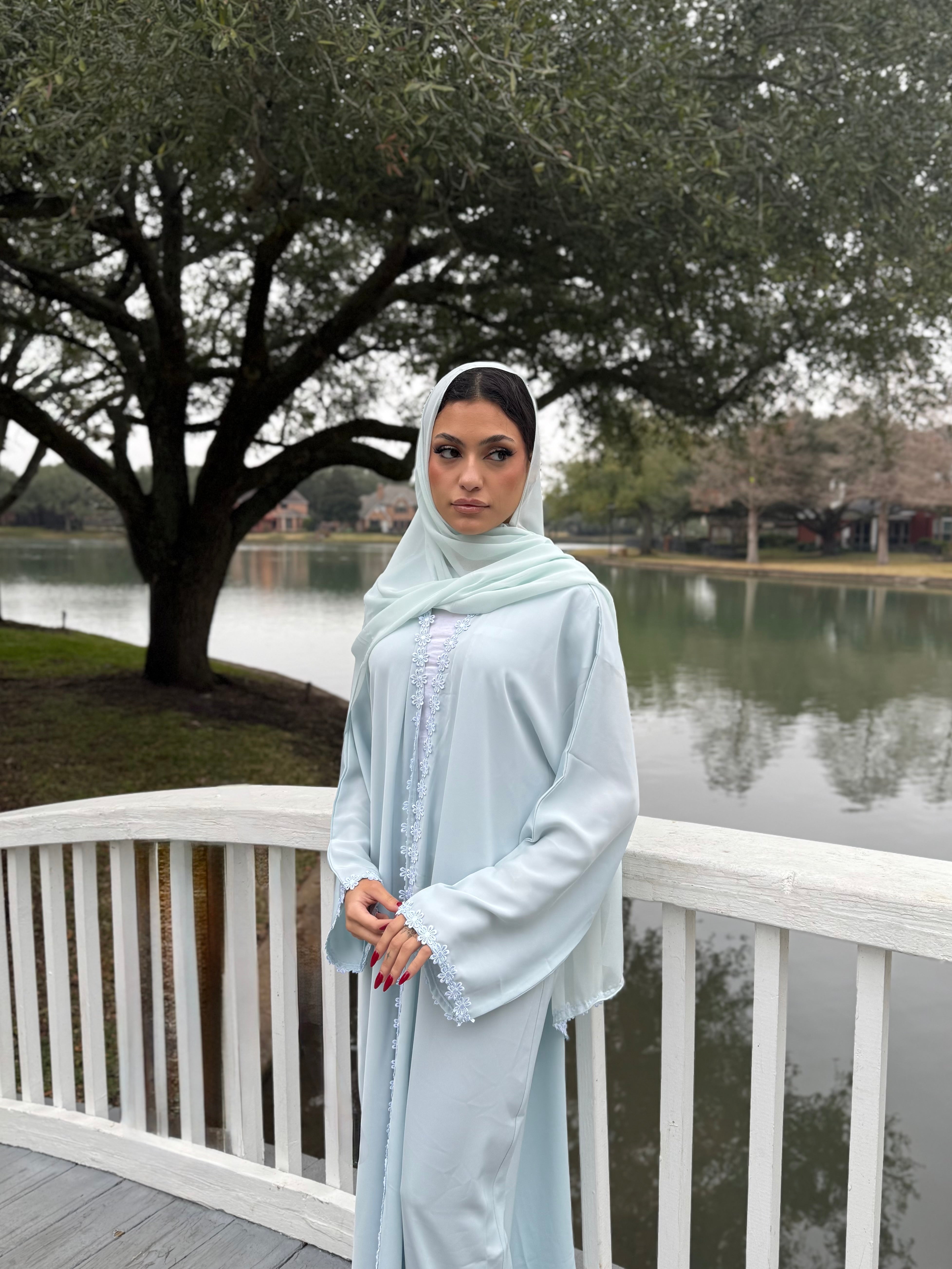 Arwa Sky Blue Floral Lace Abaya