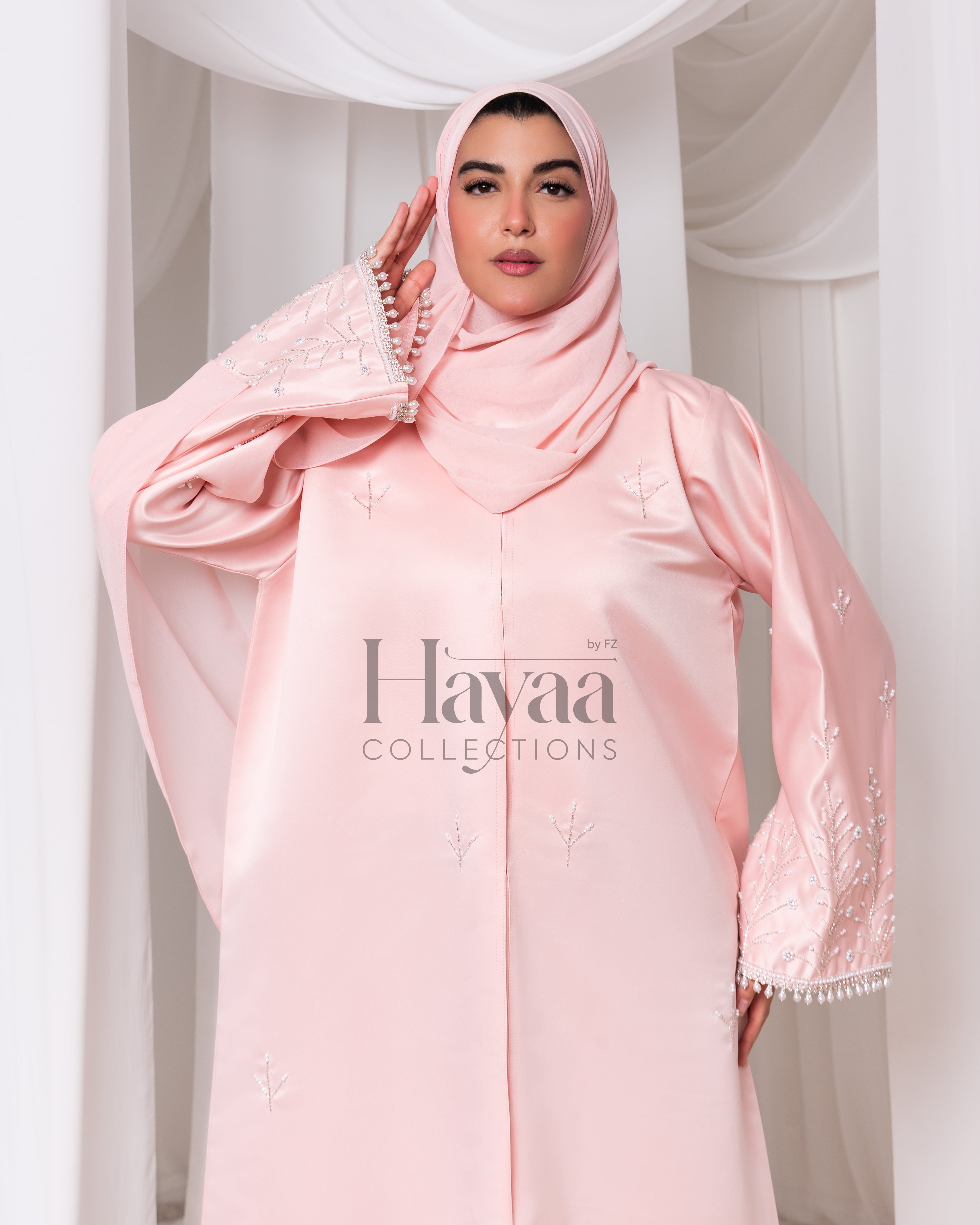 Ayla Pink Satin Beaded Abaya