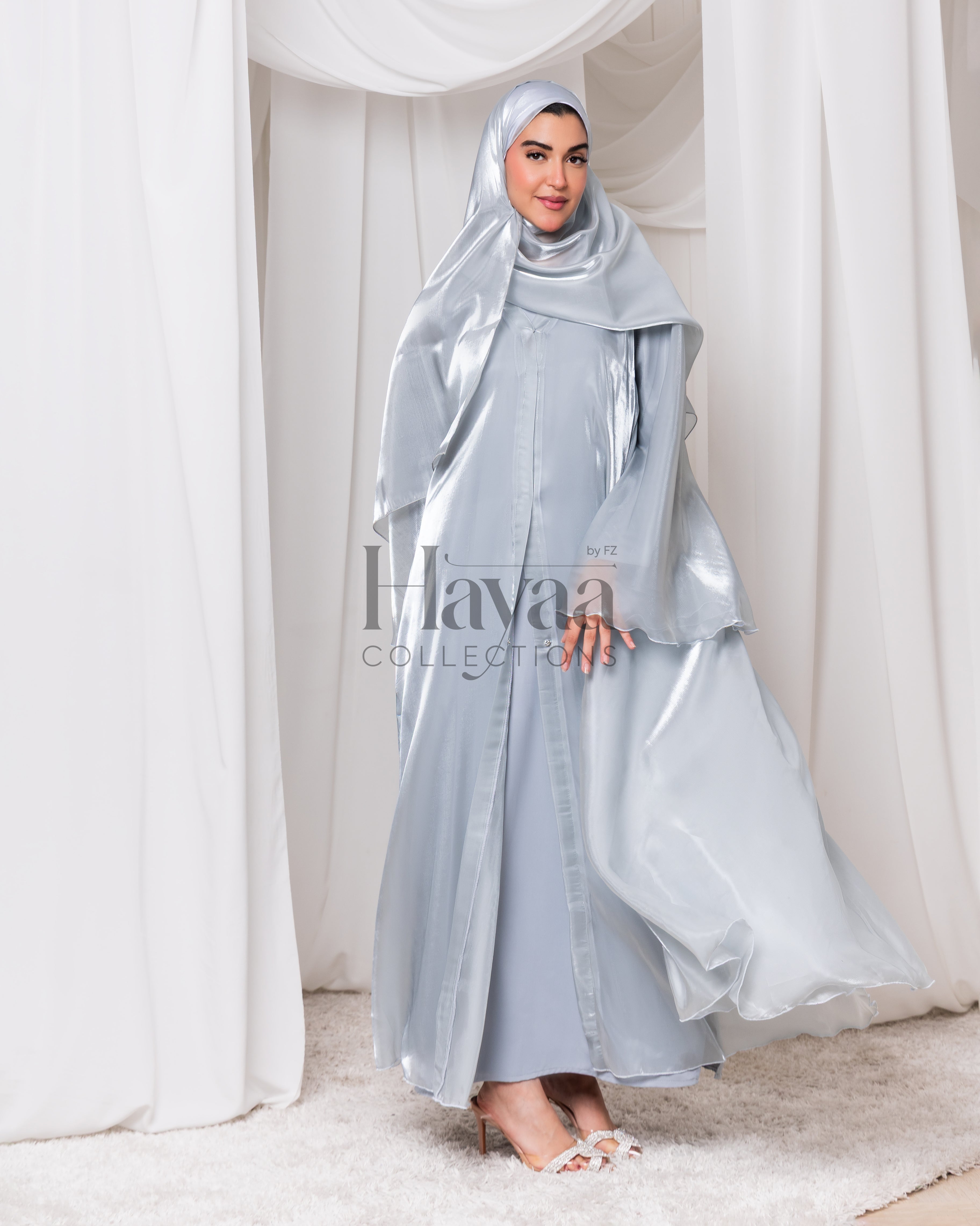 Layali Icy Blue Organza Open Abaya with Inner