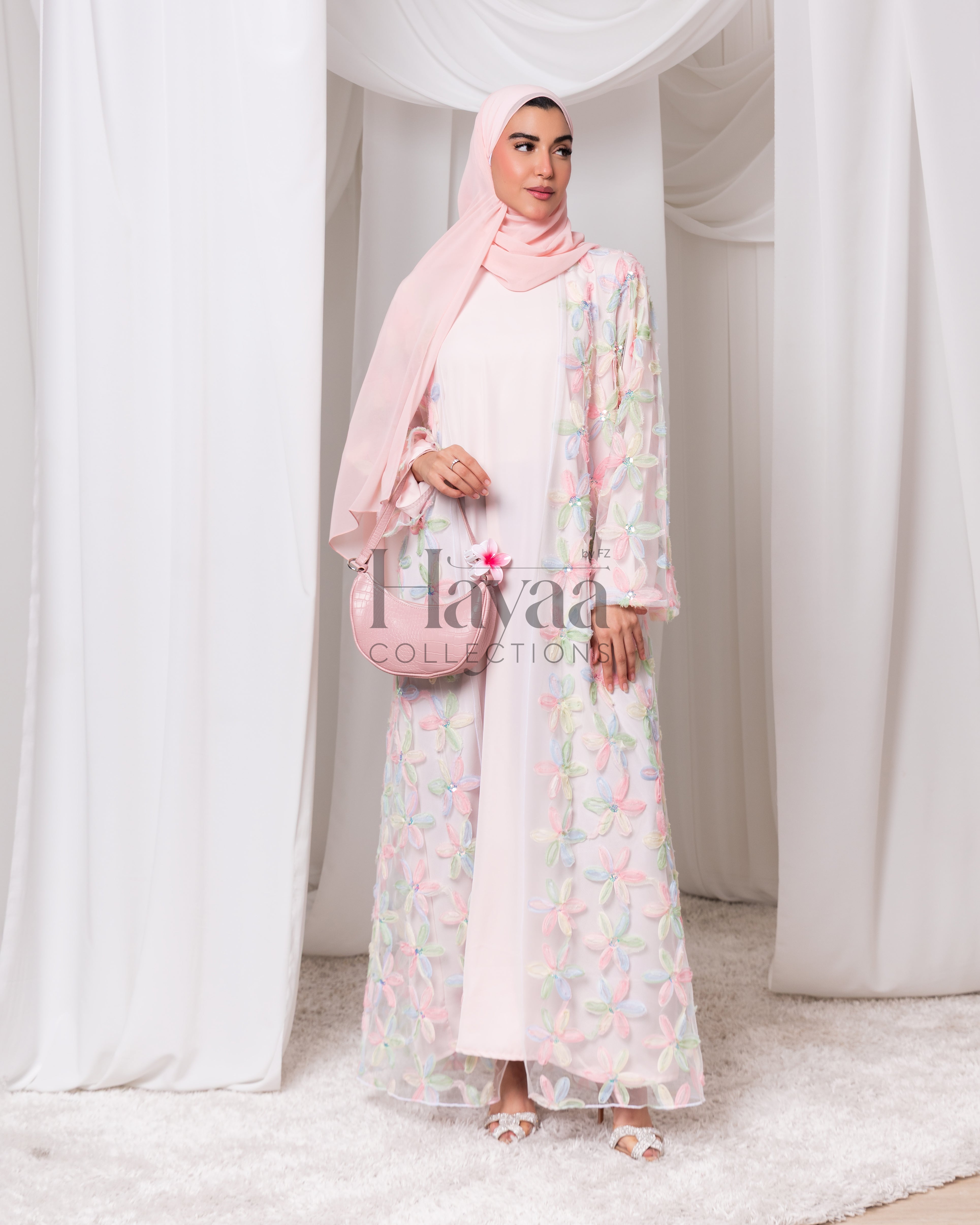 Liyana Light Pink Organza Printed Floral Open Abaya With Inner