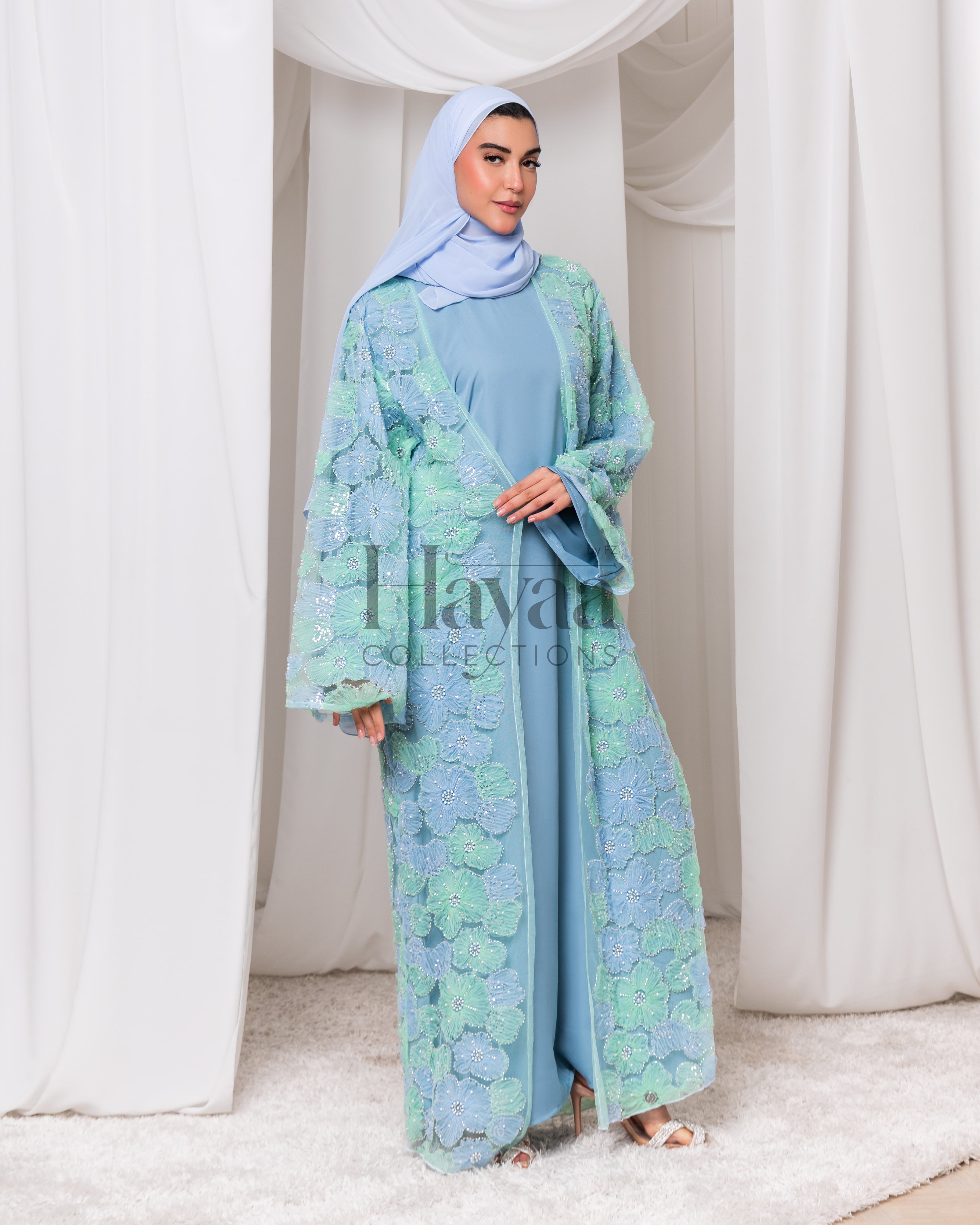 Liyana Dark Blue Organza Printed Floral Abaya With Inner