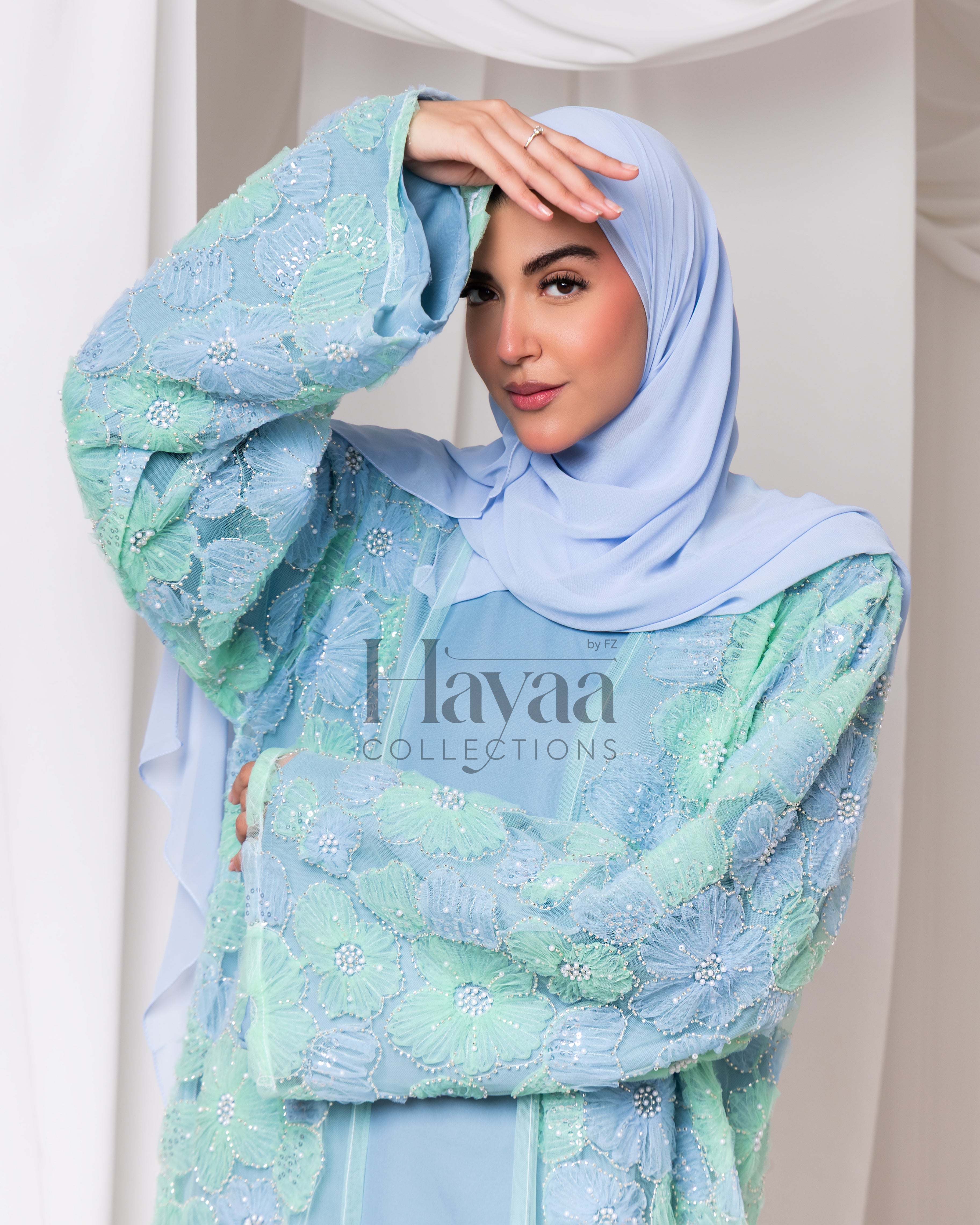 Liyana Dark Blue Organza Printed Floral Abaya With Inner