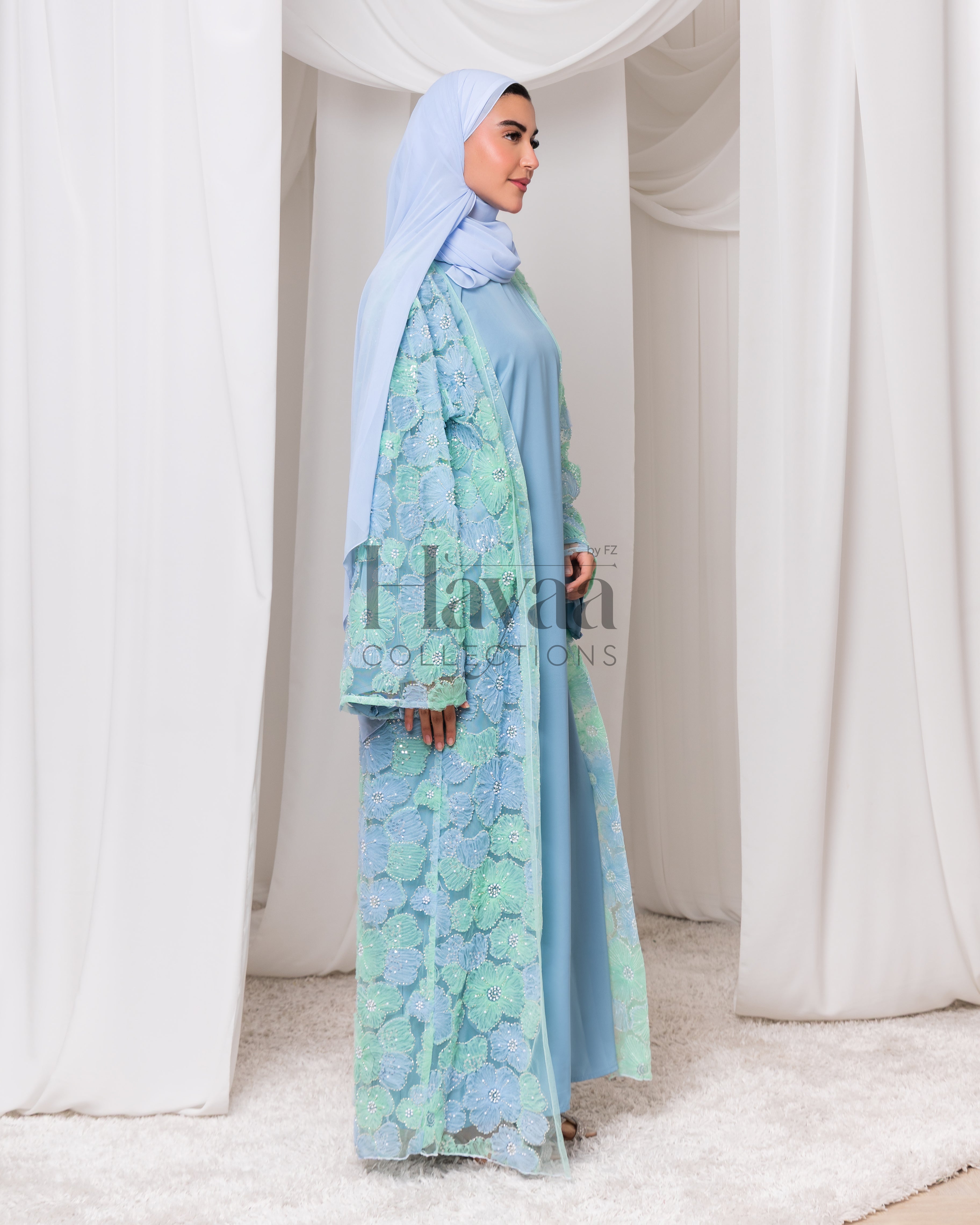 Liyana Dark Blue Organza Printed Floral Abaya With Inner