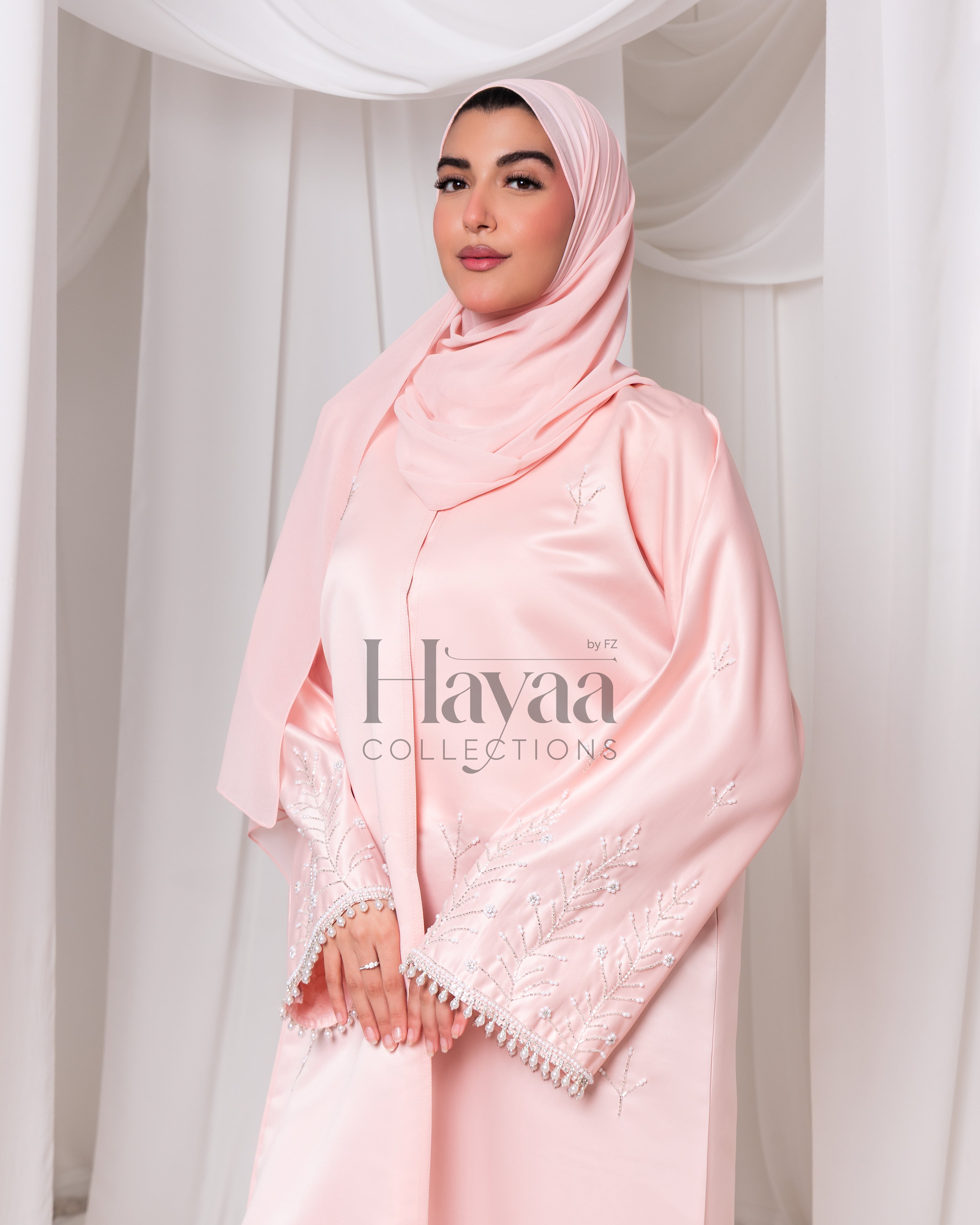 Ayla Pink Satin Beaded Abaya