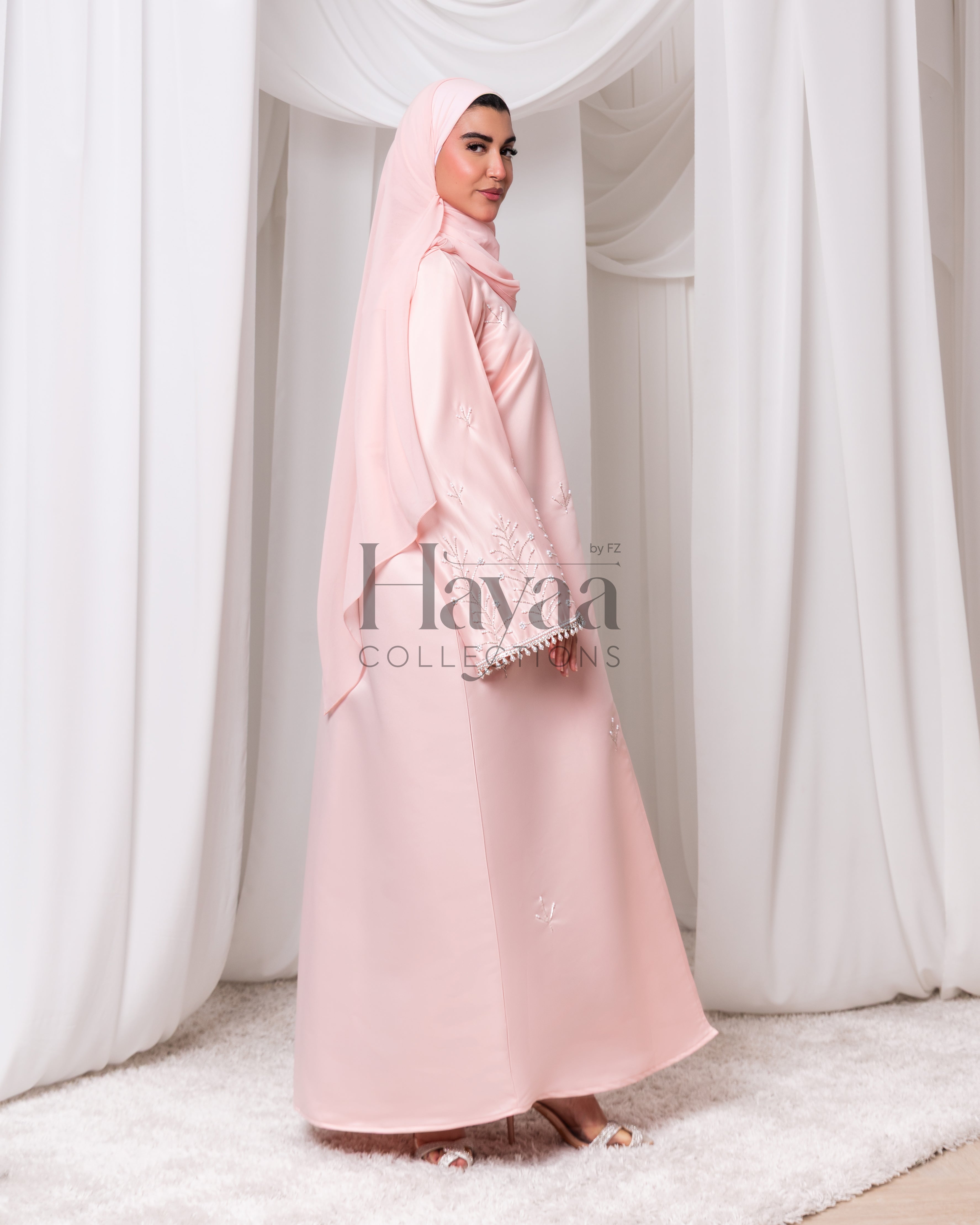 Ayla Pink Satin Beaded Abaya