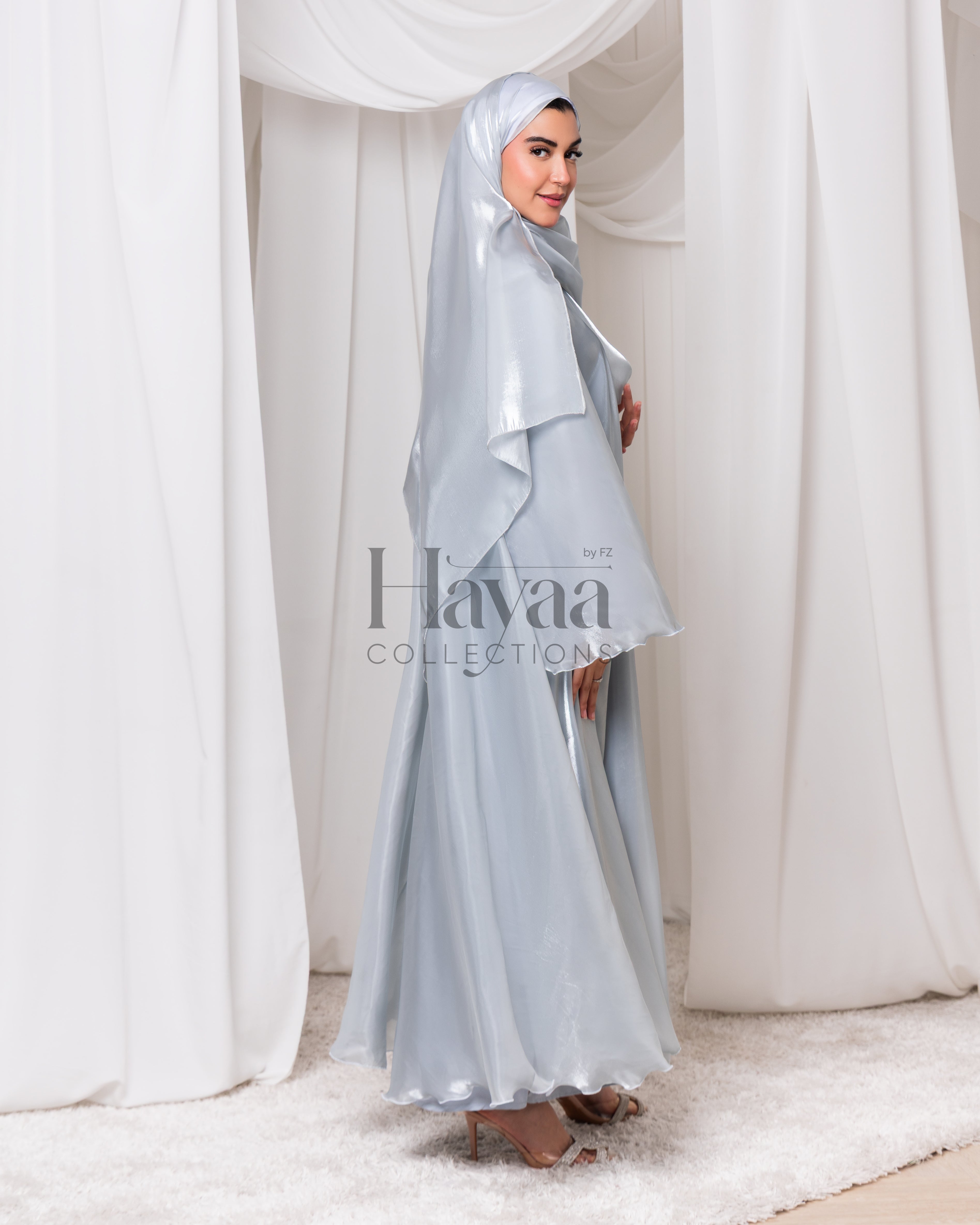 Layali Icy Blue Organza Open Abaya with Inner