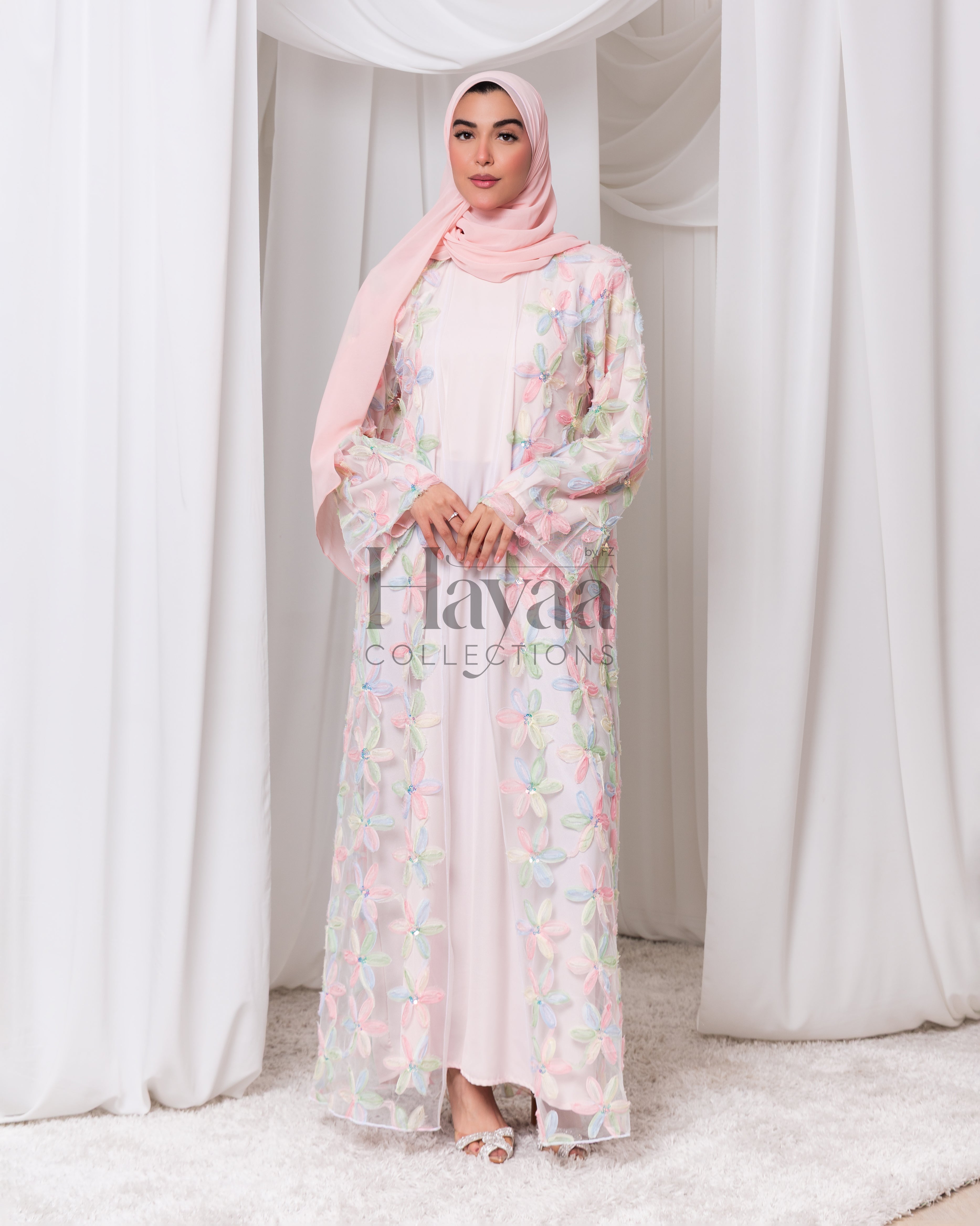 Liyana Light Pink Organza Printed Floral Open Abaya With Inner