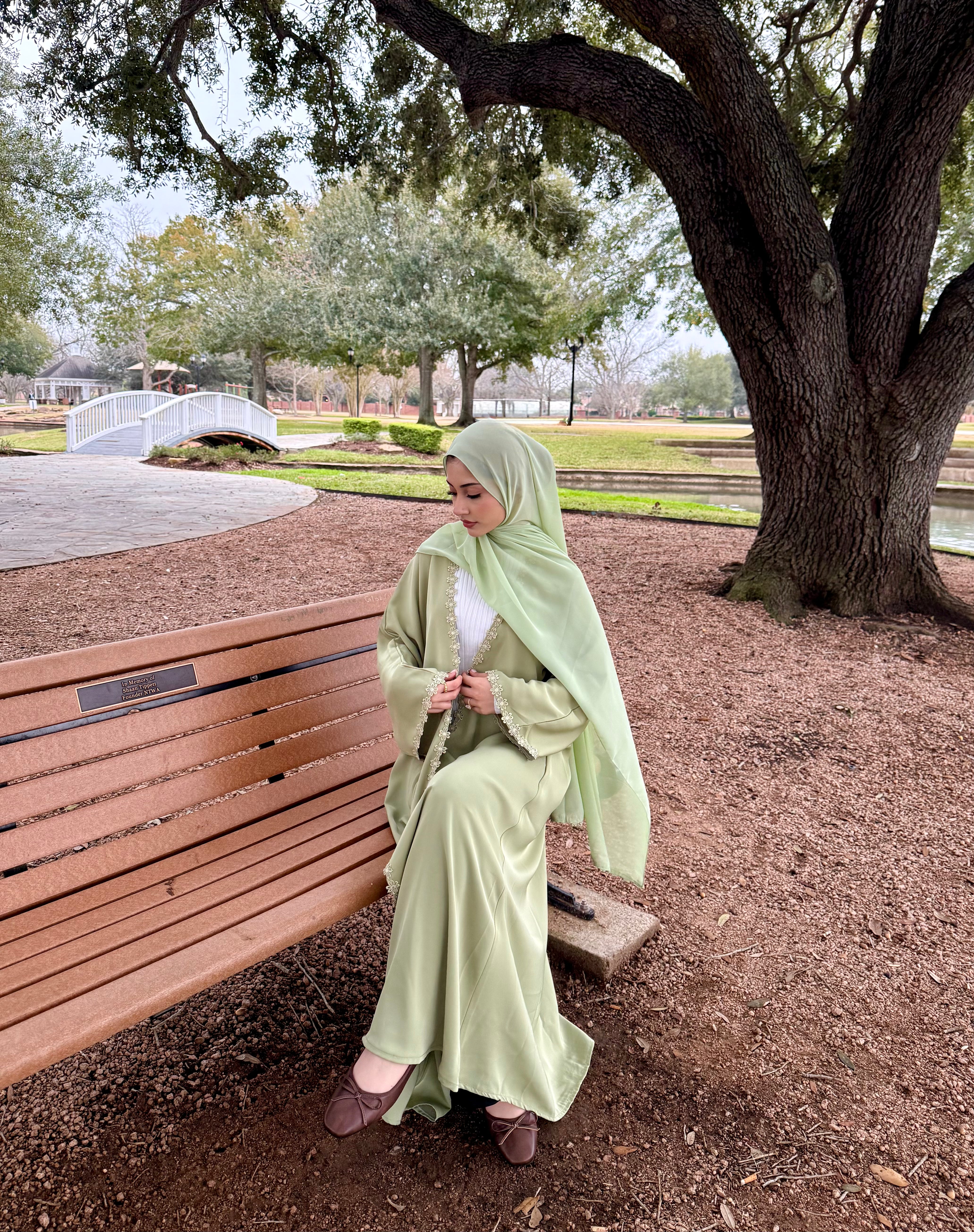 Arwa Sage Green Floral Lace Abaya