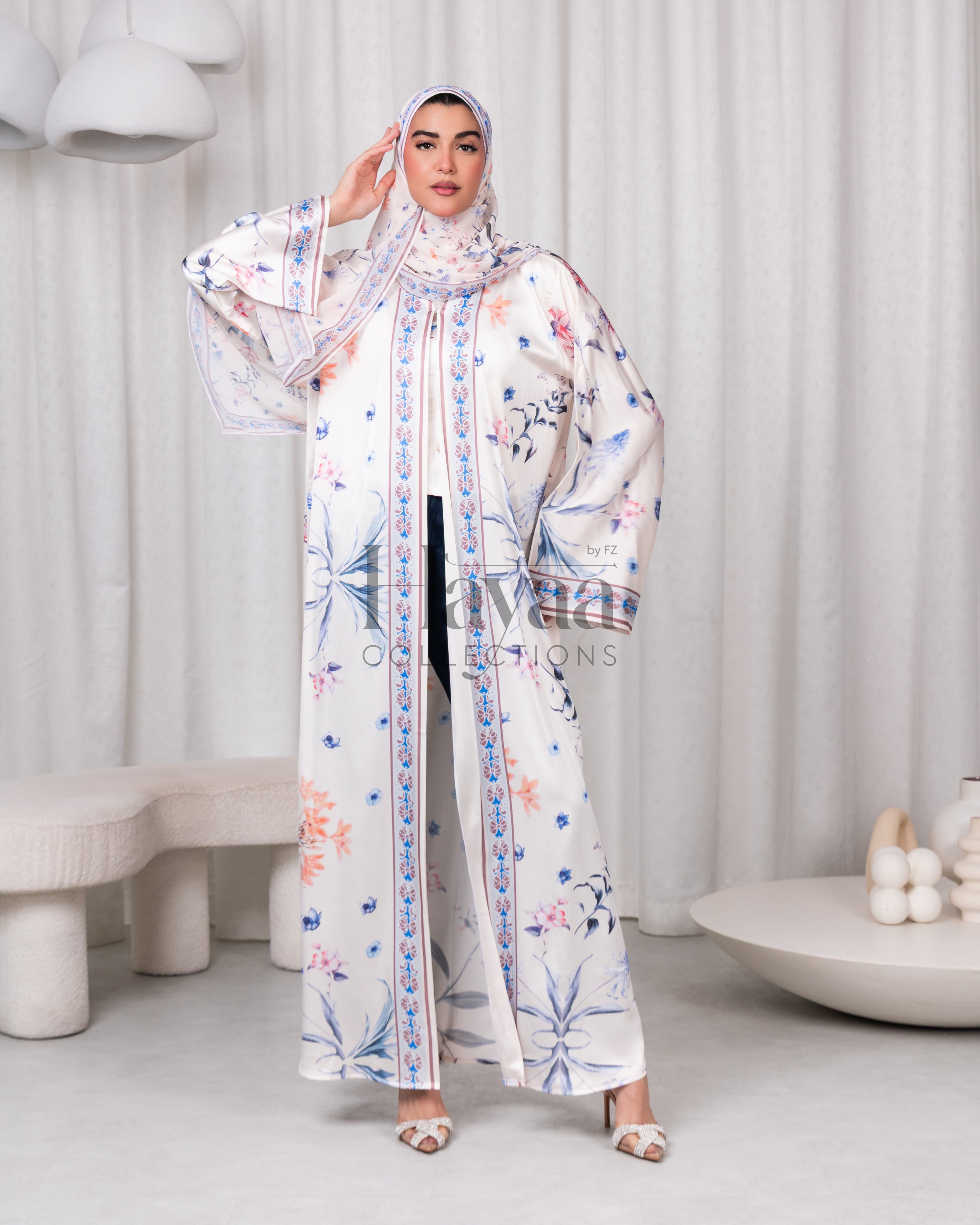 Yasmina Satin Printed Floral Open Abaya
