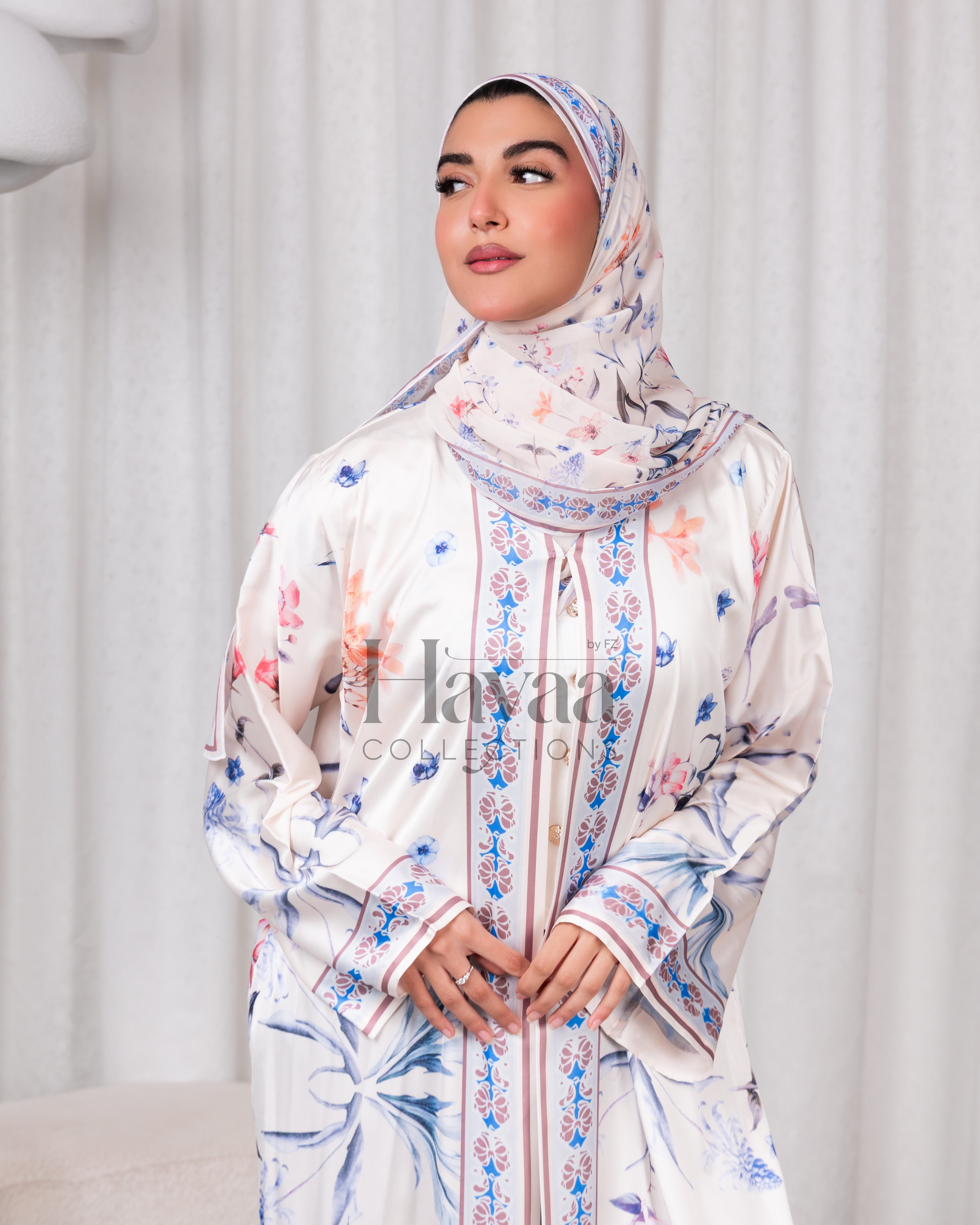 Yasmina Satin Printed Floral Open Abaya