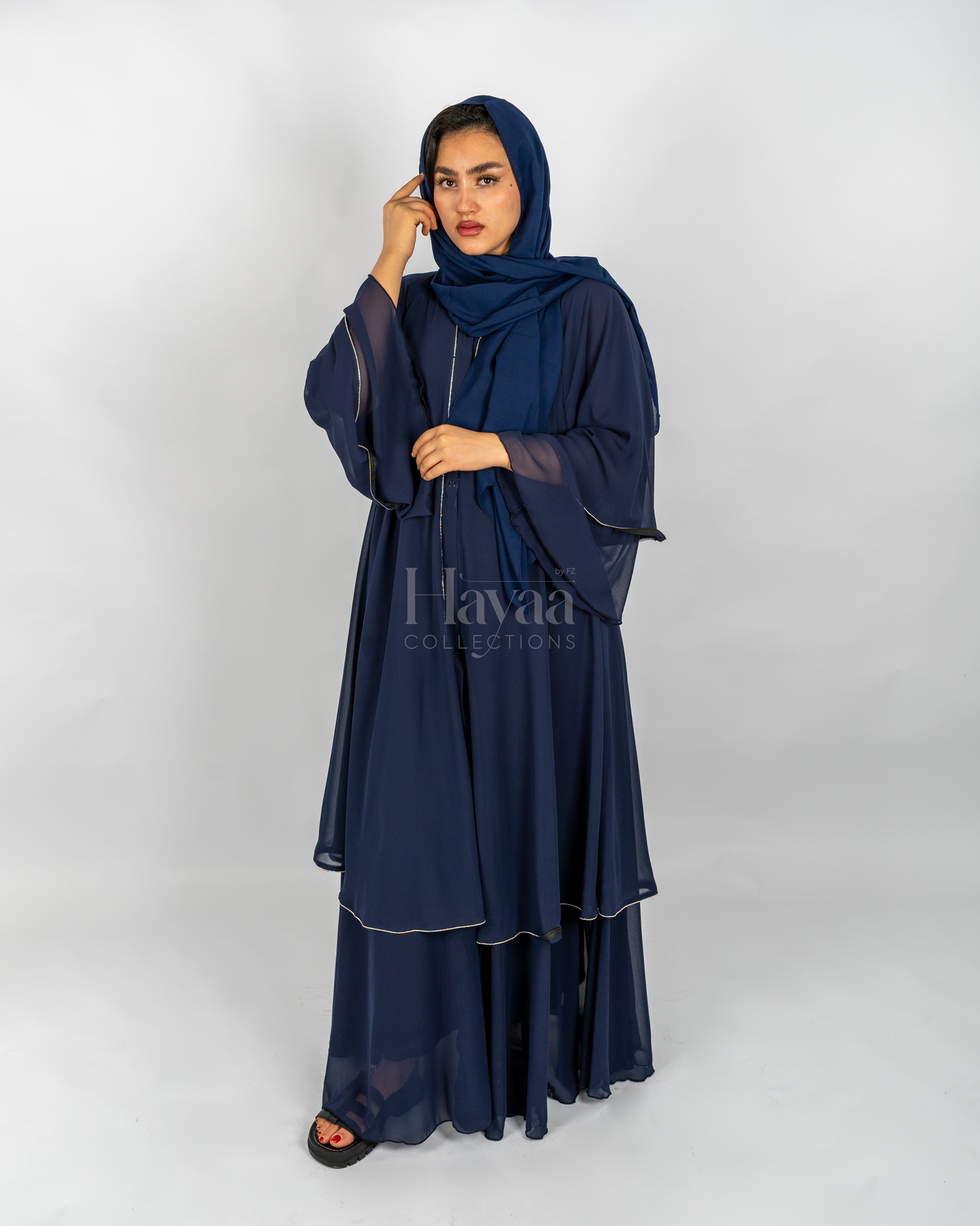 Amirah Dark Blue Two-Layered Studded Abaya front view