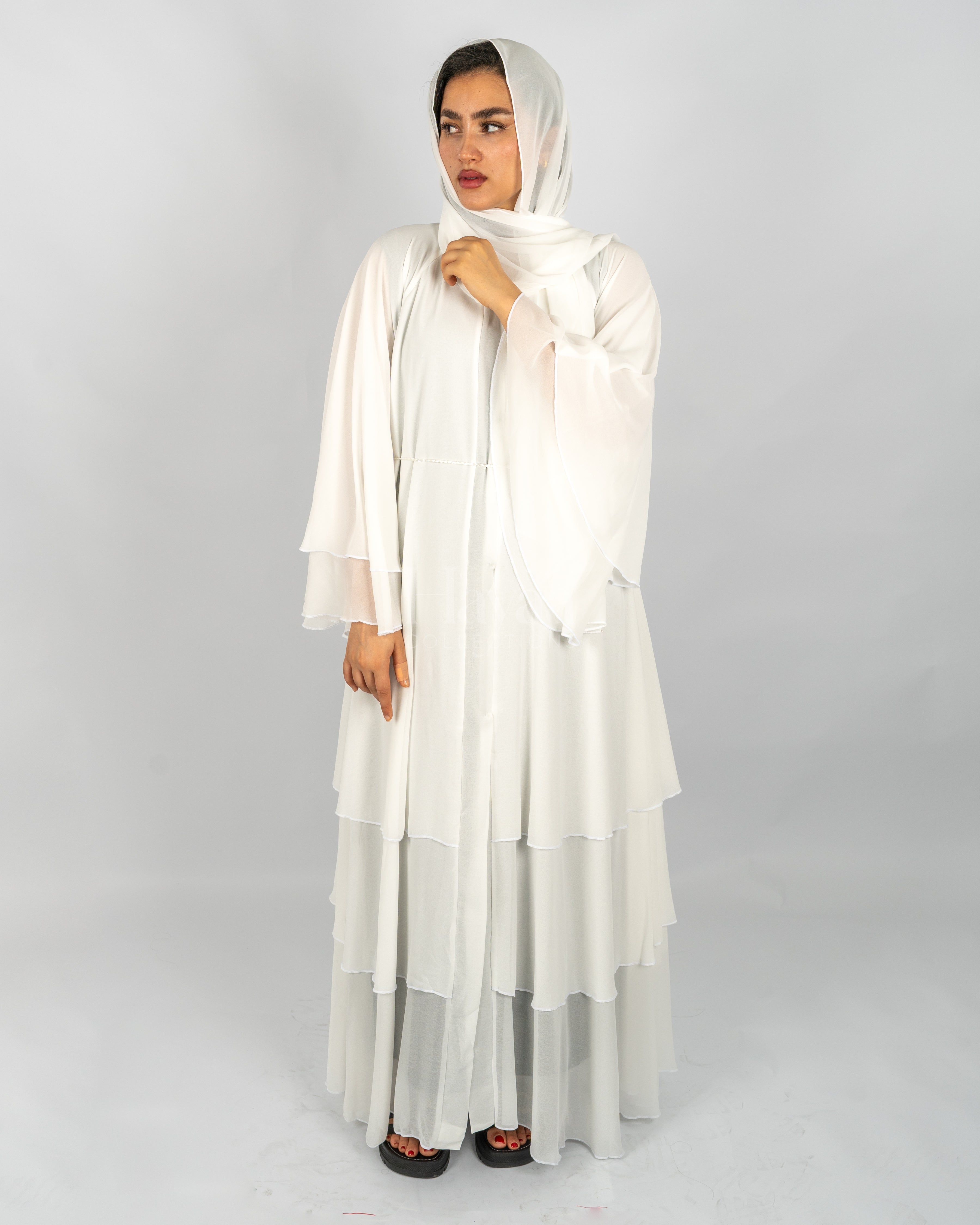 Amani white three layered abaya front