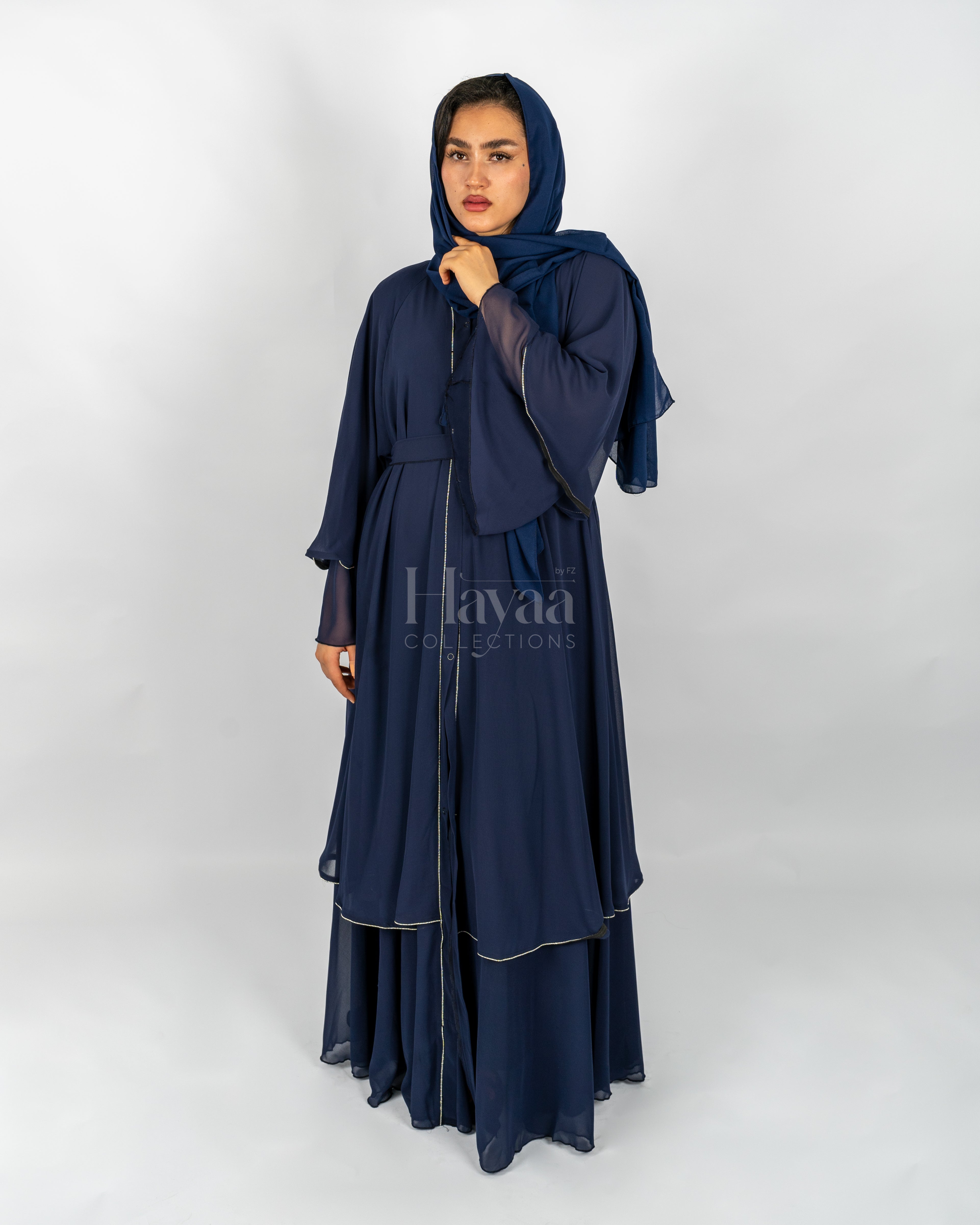 Amirah Dark Blue Two-Layered Studded Abaya front