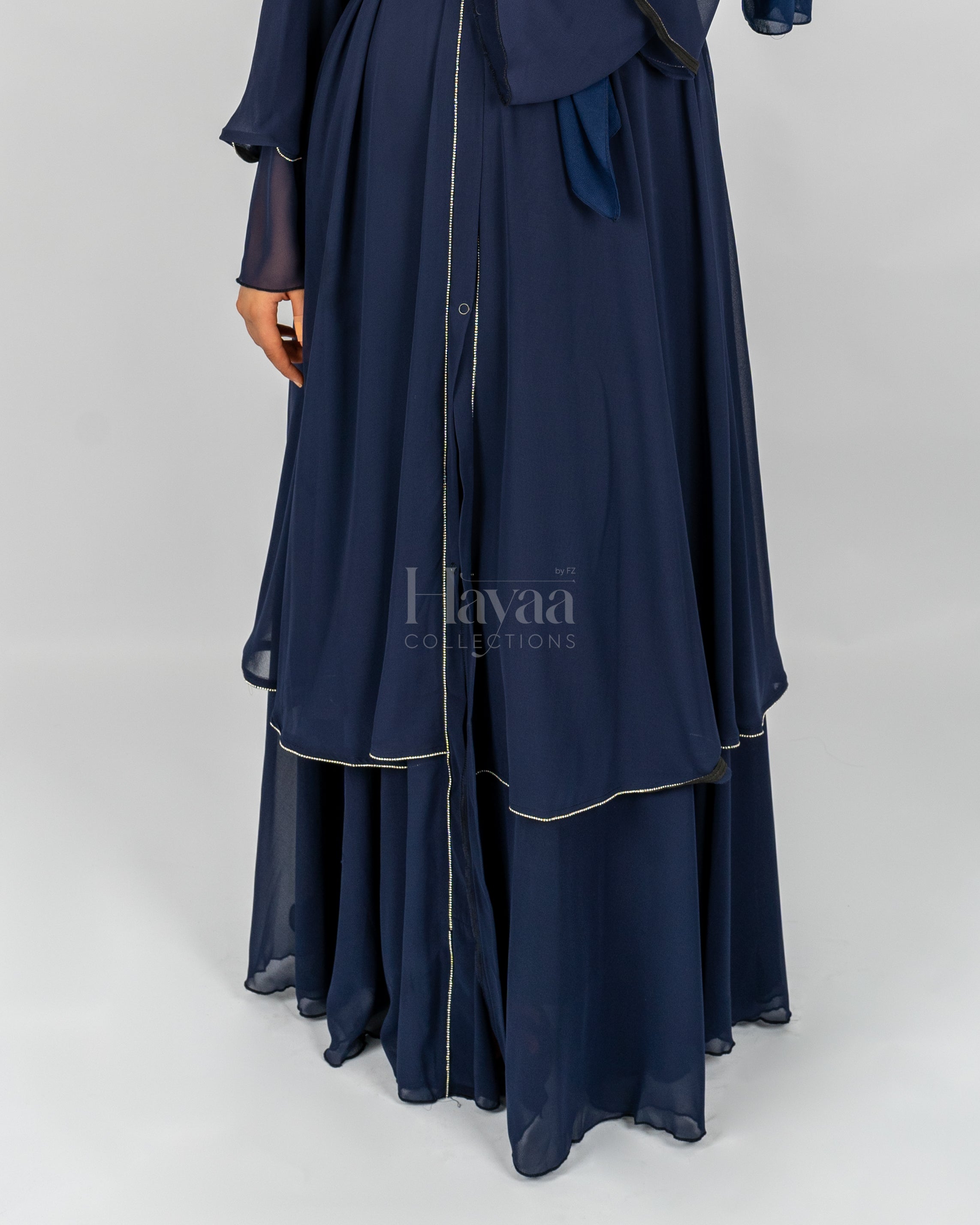 Amirah Dark Blue Two-Layered Studded Abaya close up