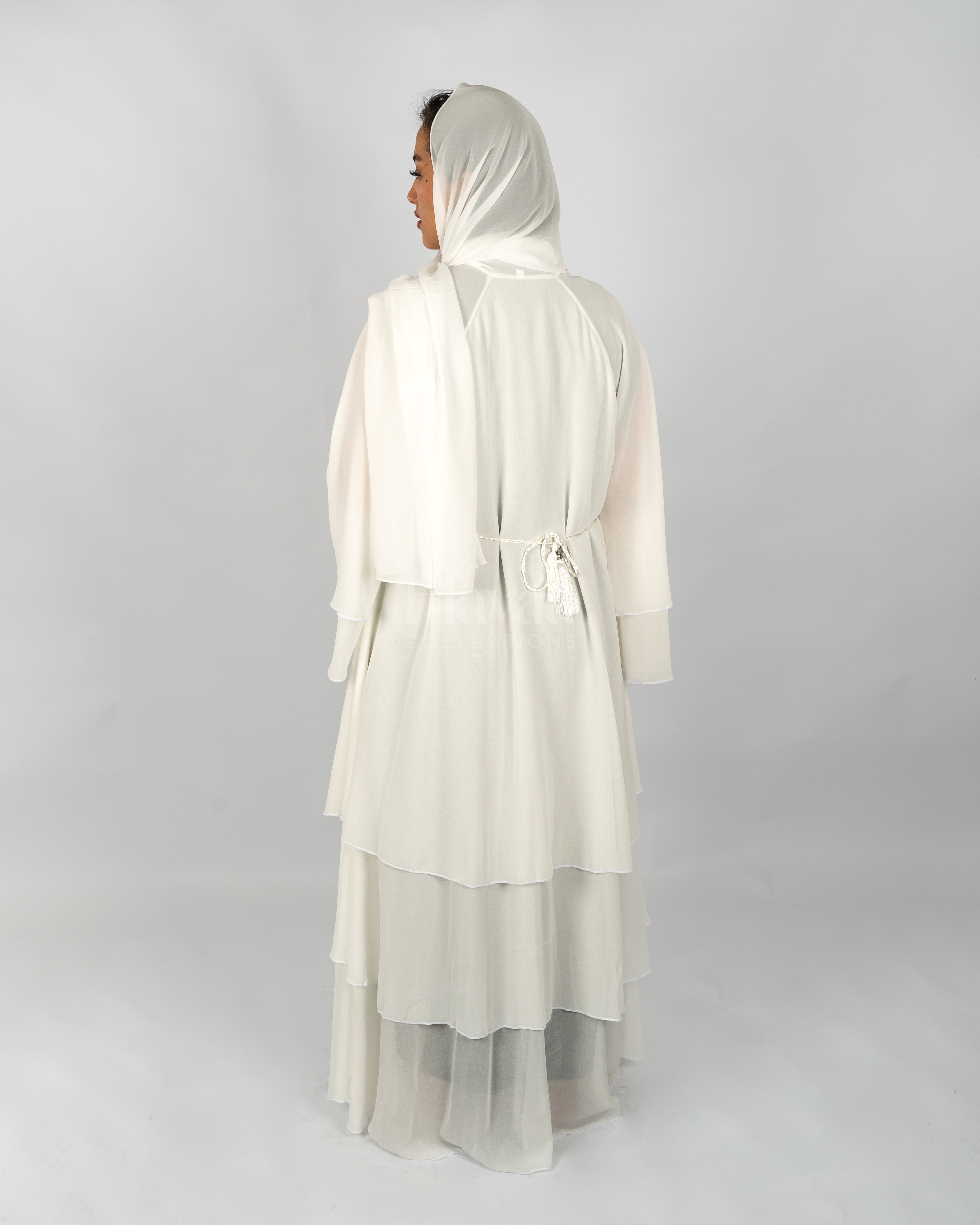 Amani white three layered abaya back