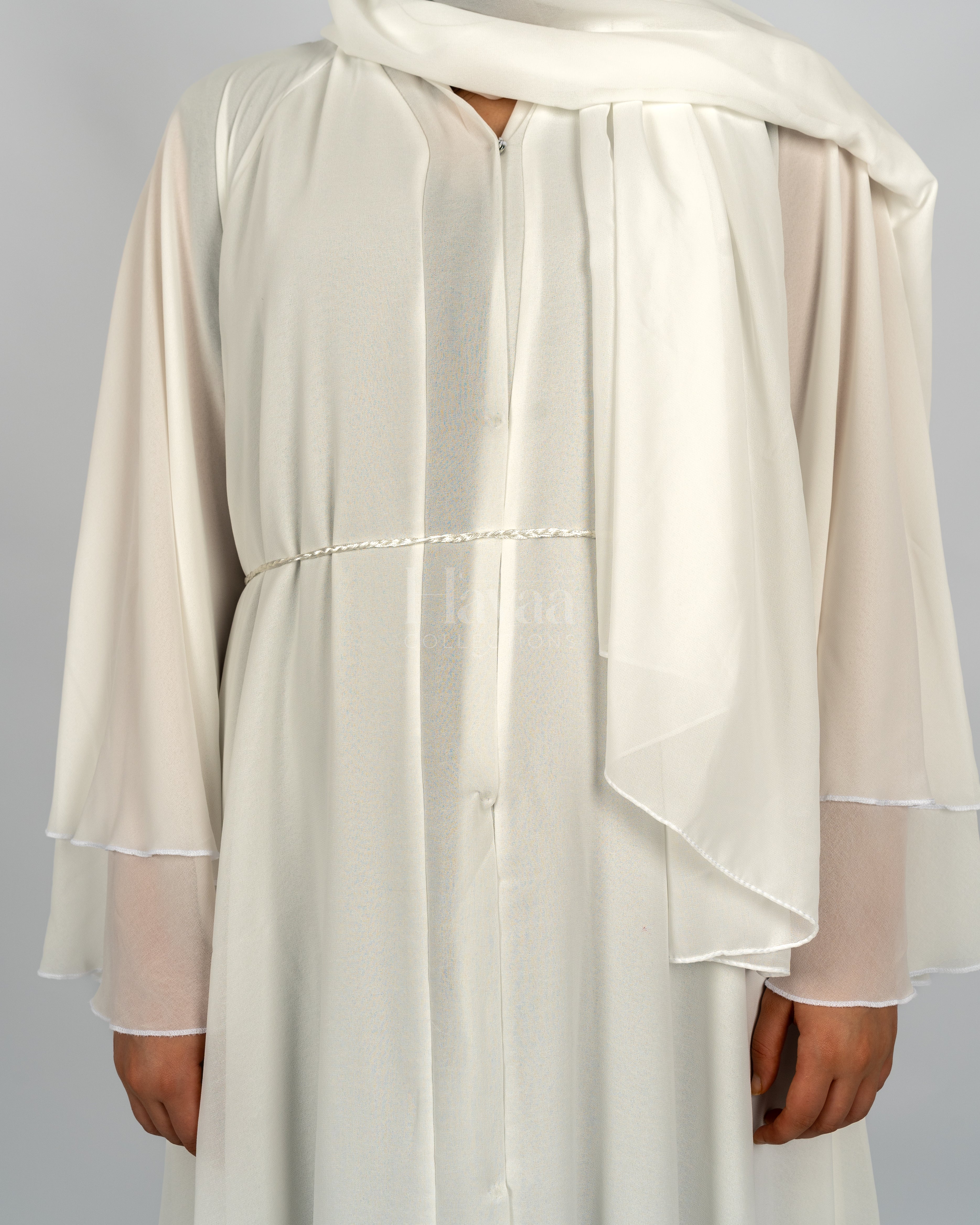 Amani white three layered abaya close up