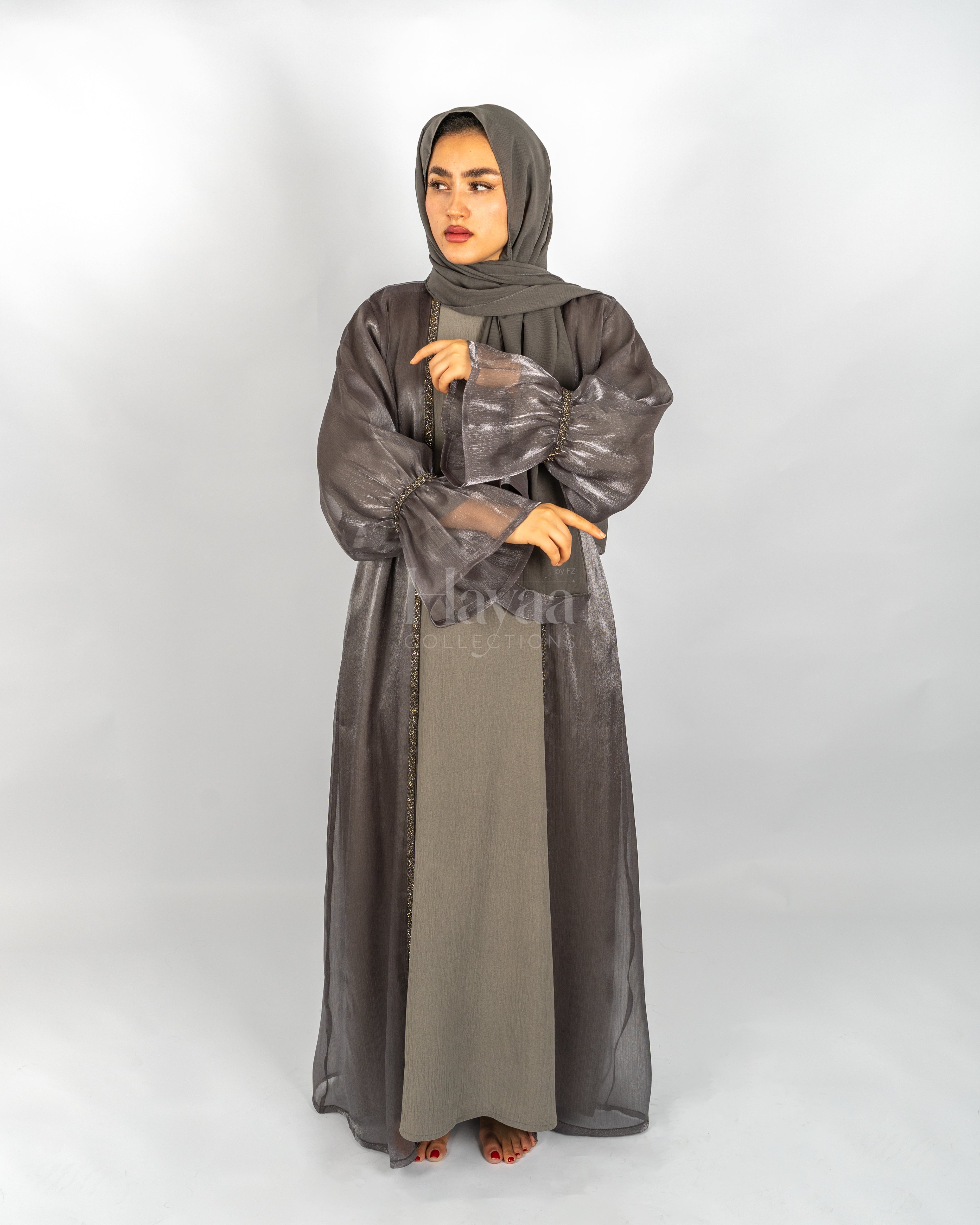 Layla Gray Open Abaya Set front