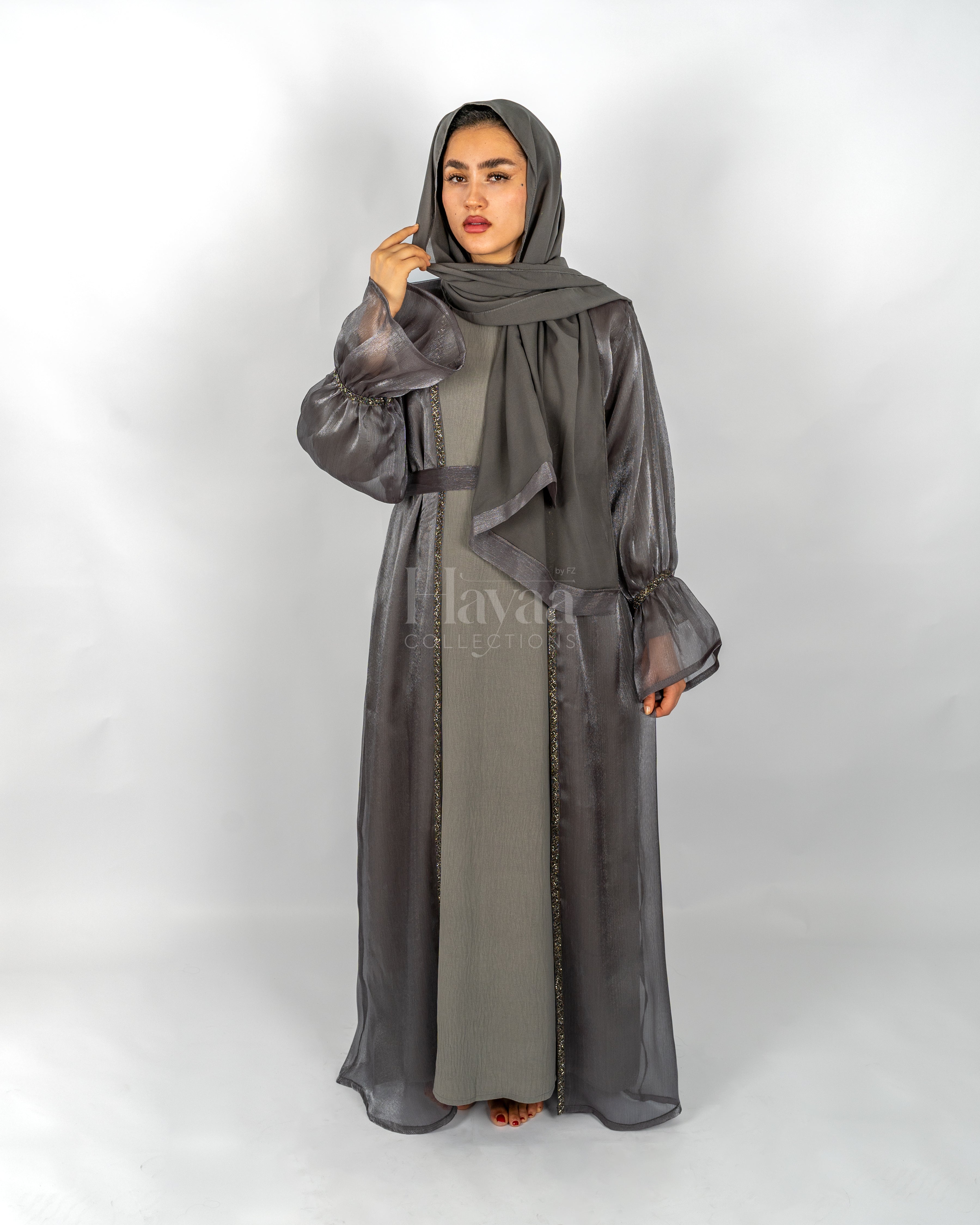 Layla Gray Open Abaya Set front 2