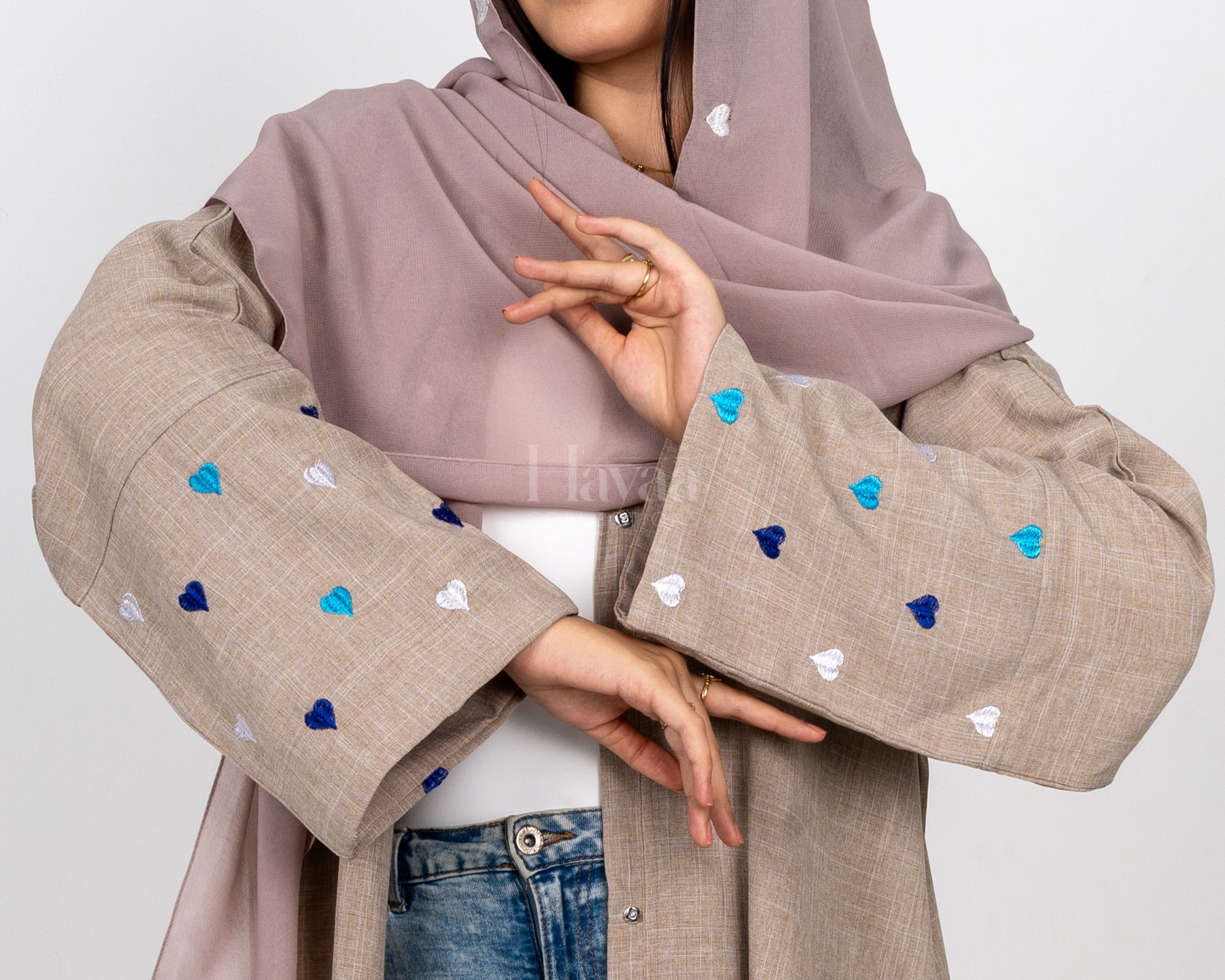 Hayati Blue and White Hearts Abaya close up