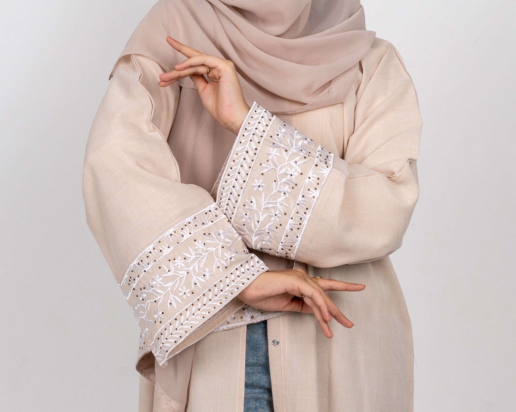 Lana Beige Embroidered Abaya close up