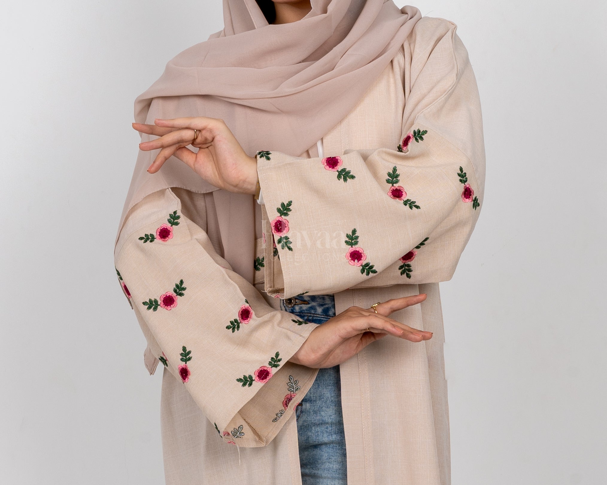 Basant Beige Embroidered Abaya close up