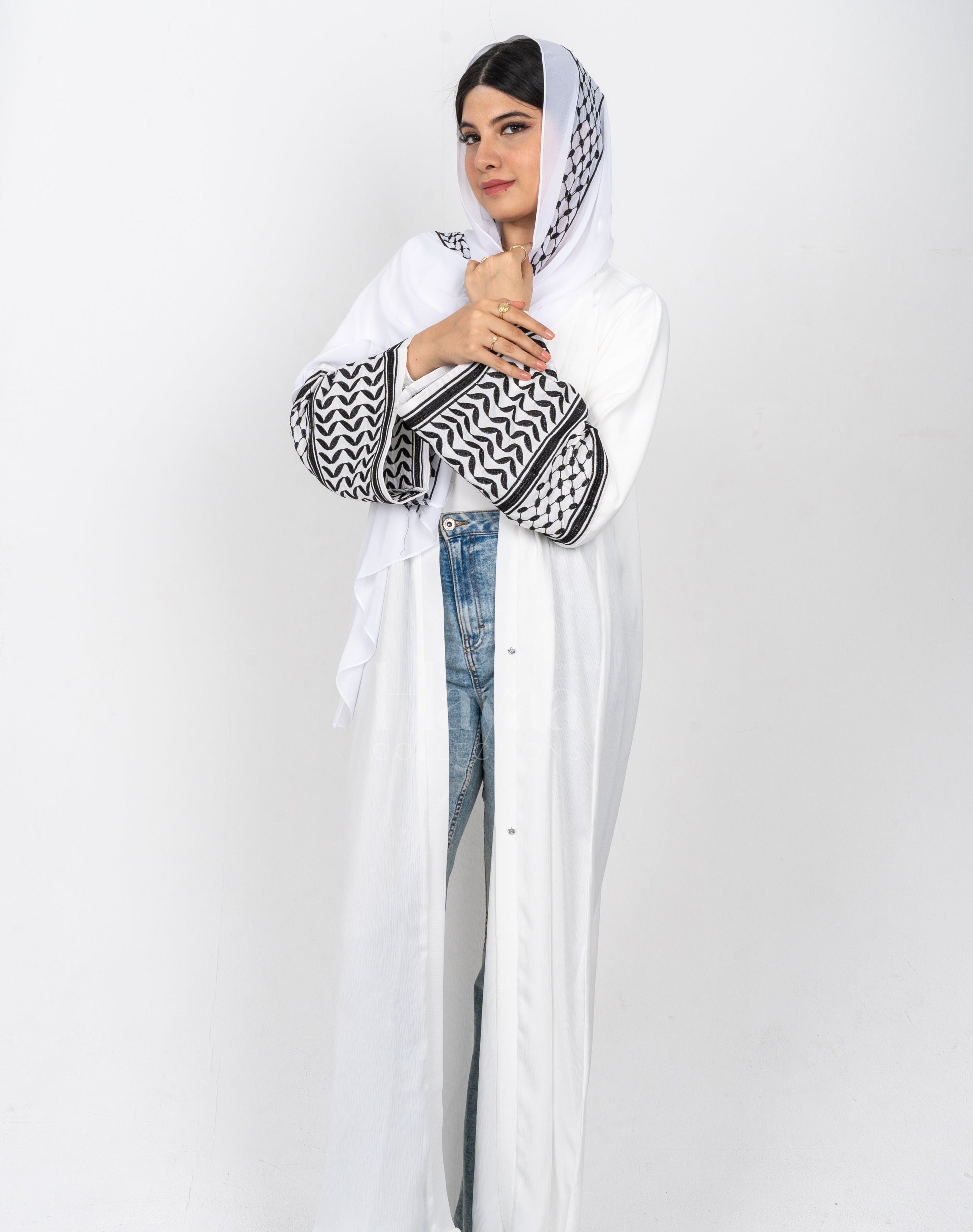 White Keffiyeh Abaya With Black Embroidery