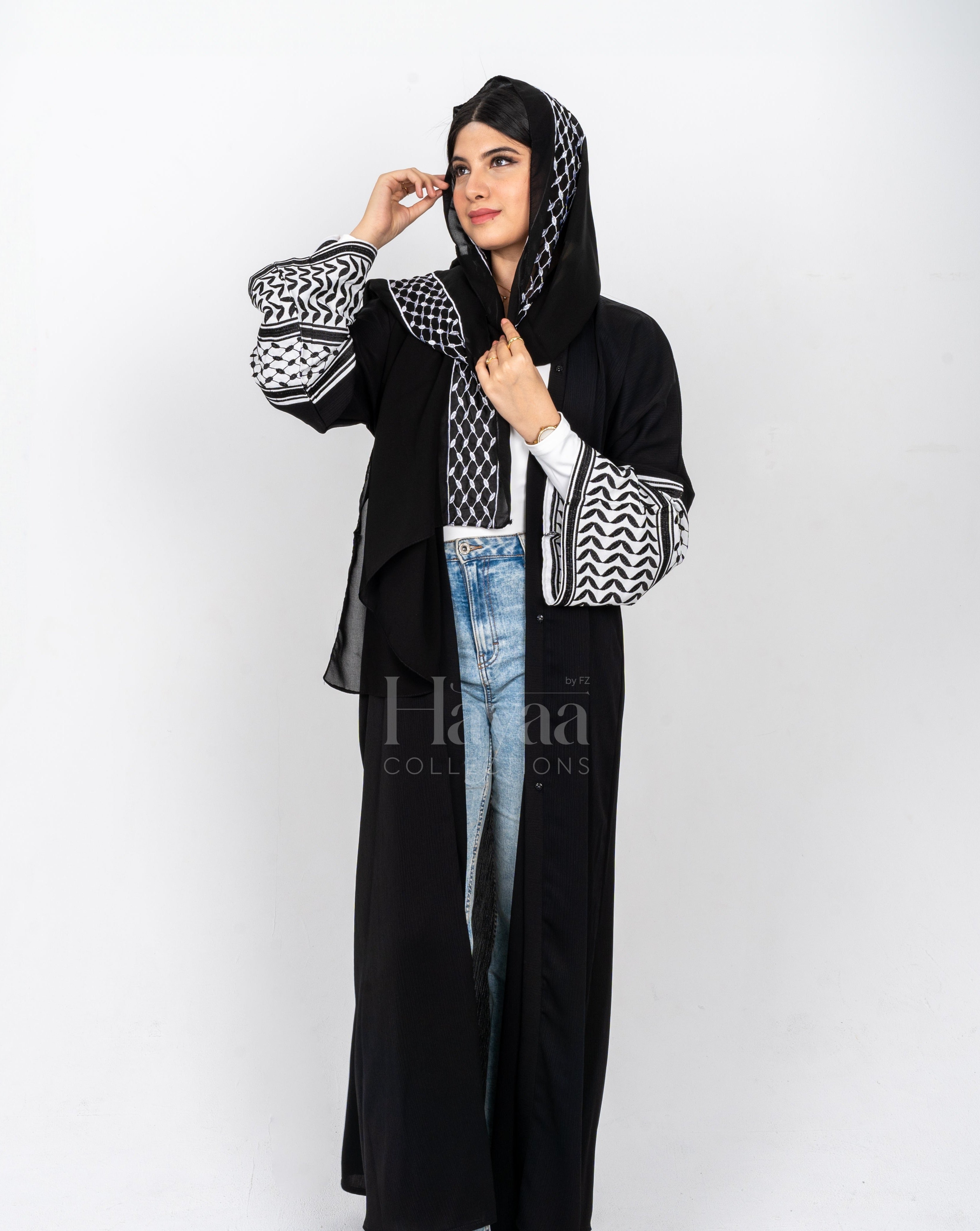 Black Keffiyeh Abaya With White Embroidery