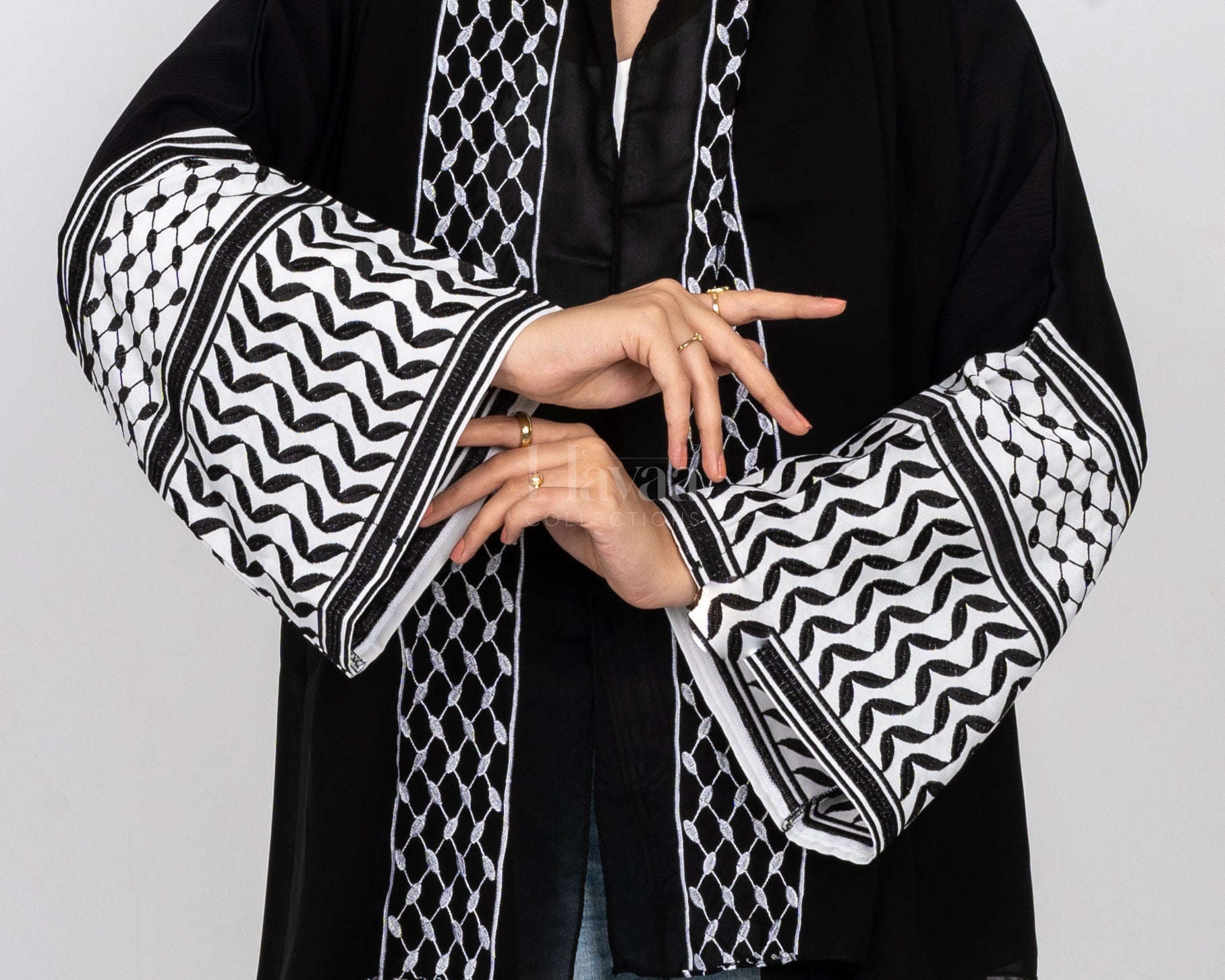 Black Keffiyeh Abaya With White Embroidery close up