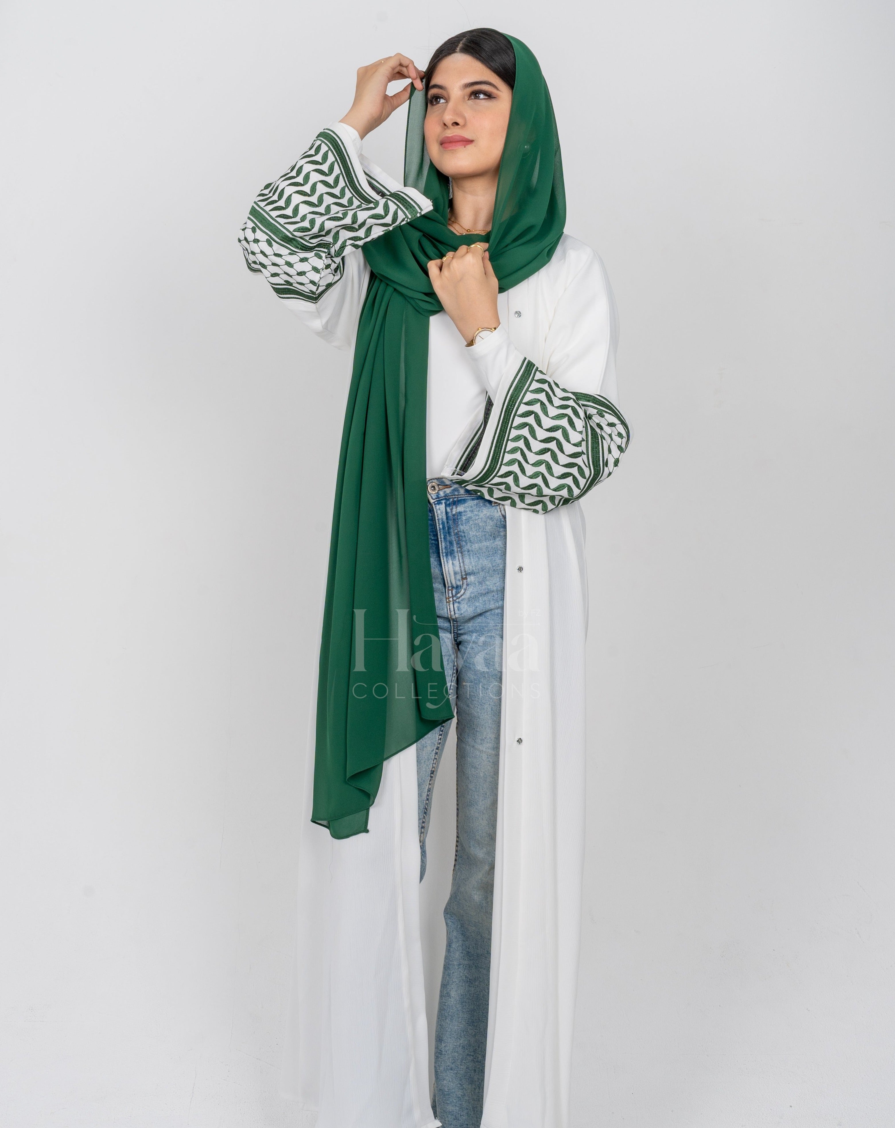 White Keffiyeh Abaya With Green Embroidery