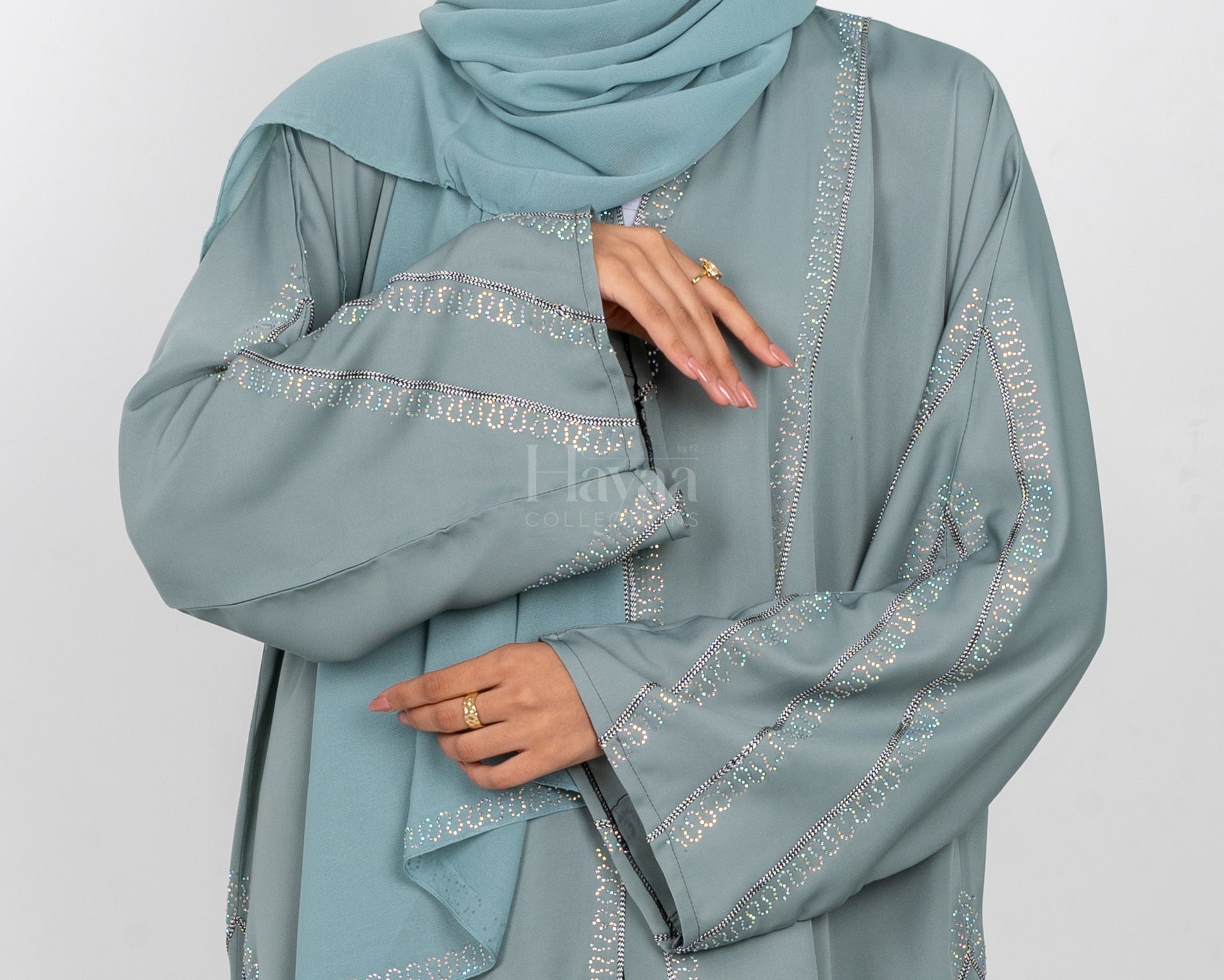 Zahwa Teal Green Closed Abaya close up