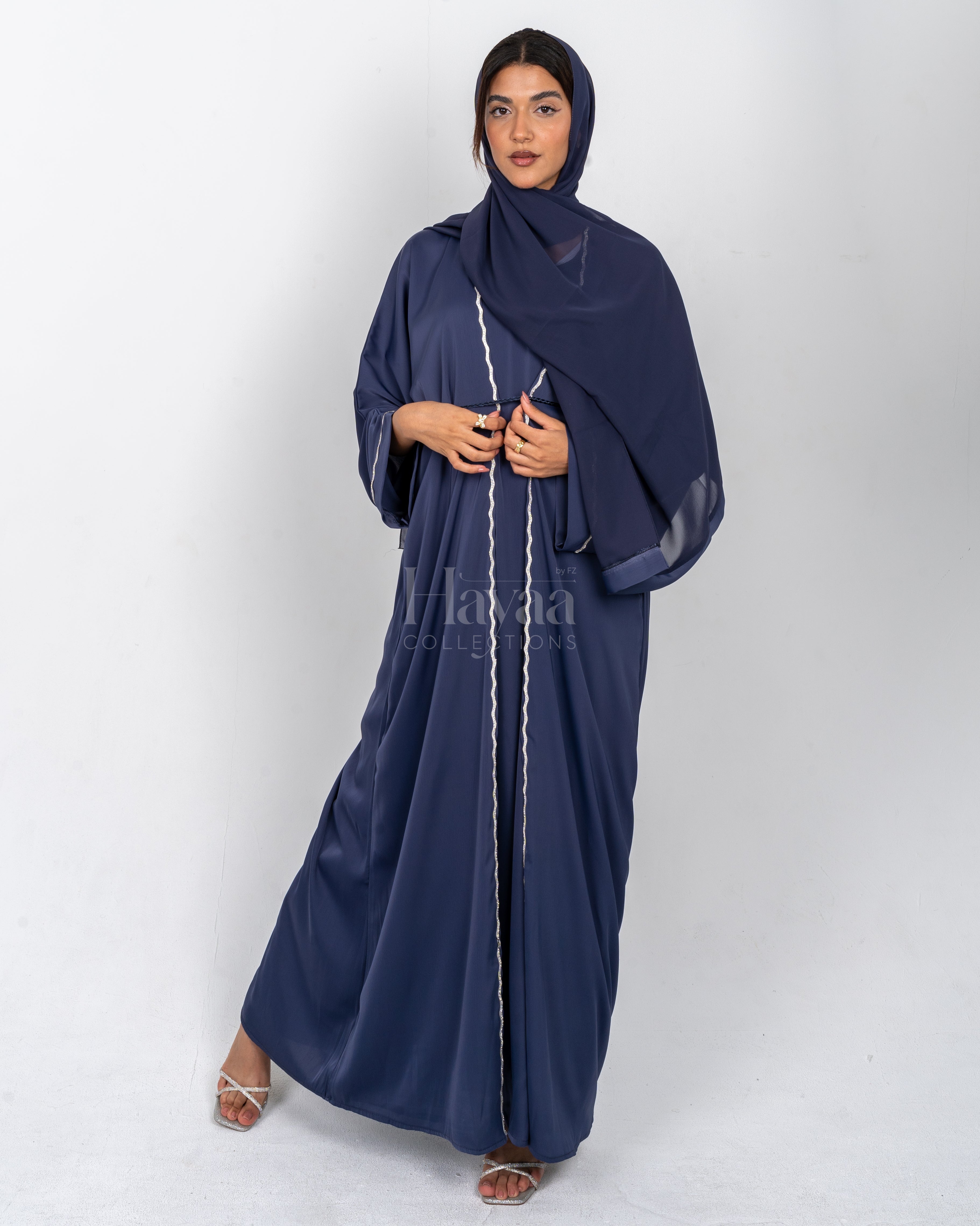 Aziza Navy Blue Open Abaya Set front view