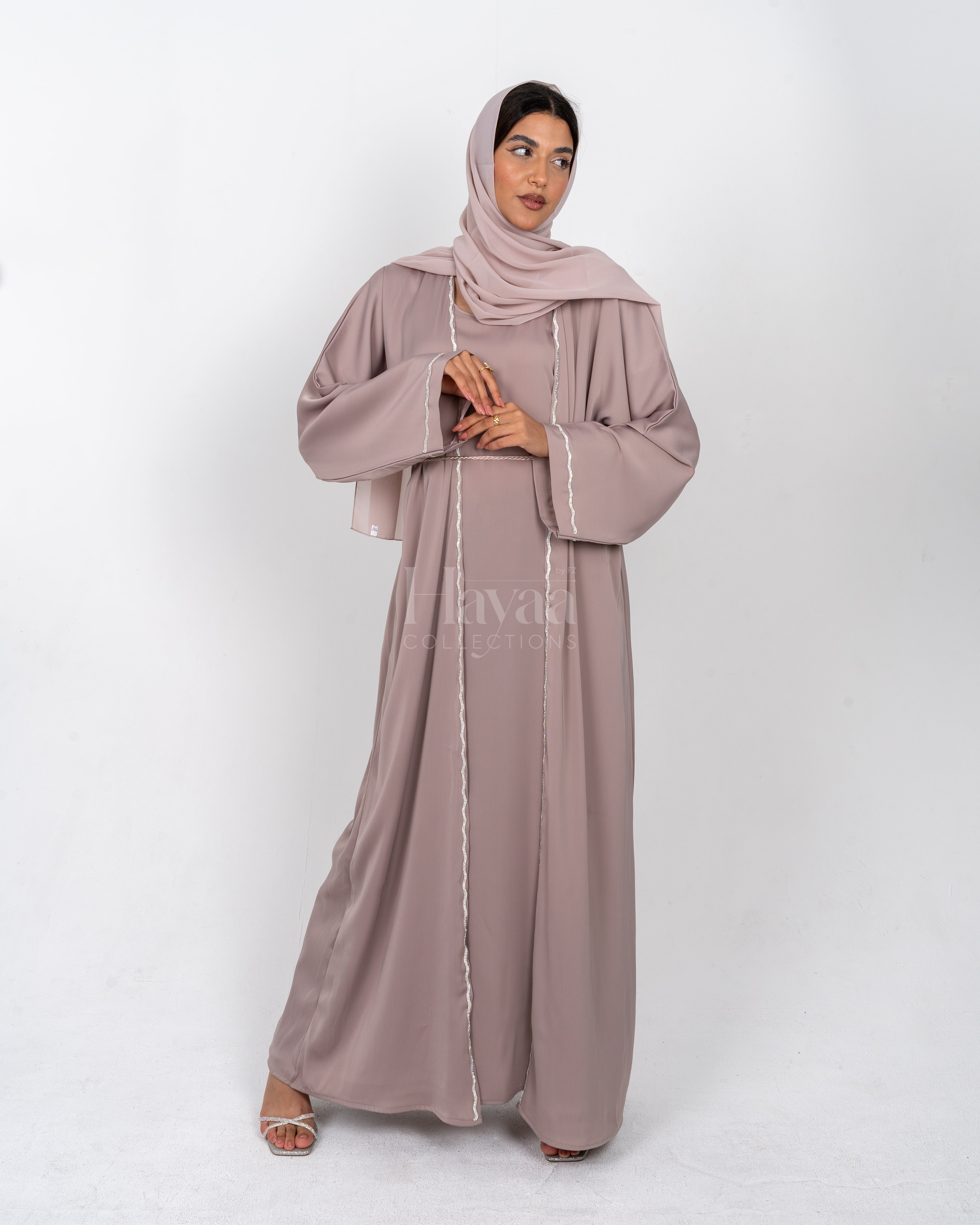 Aziza Beige Open Abaya Set front view