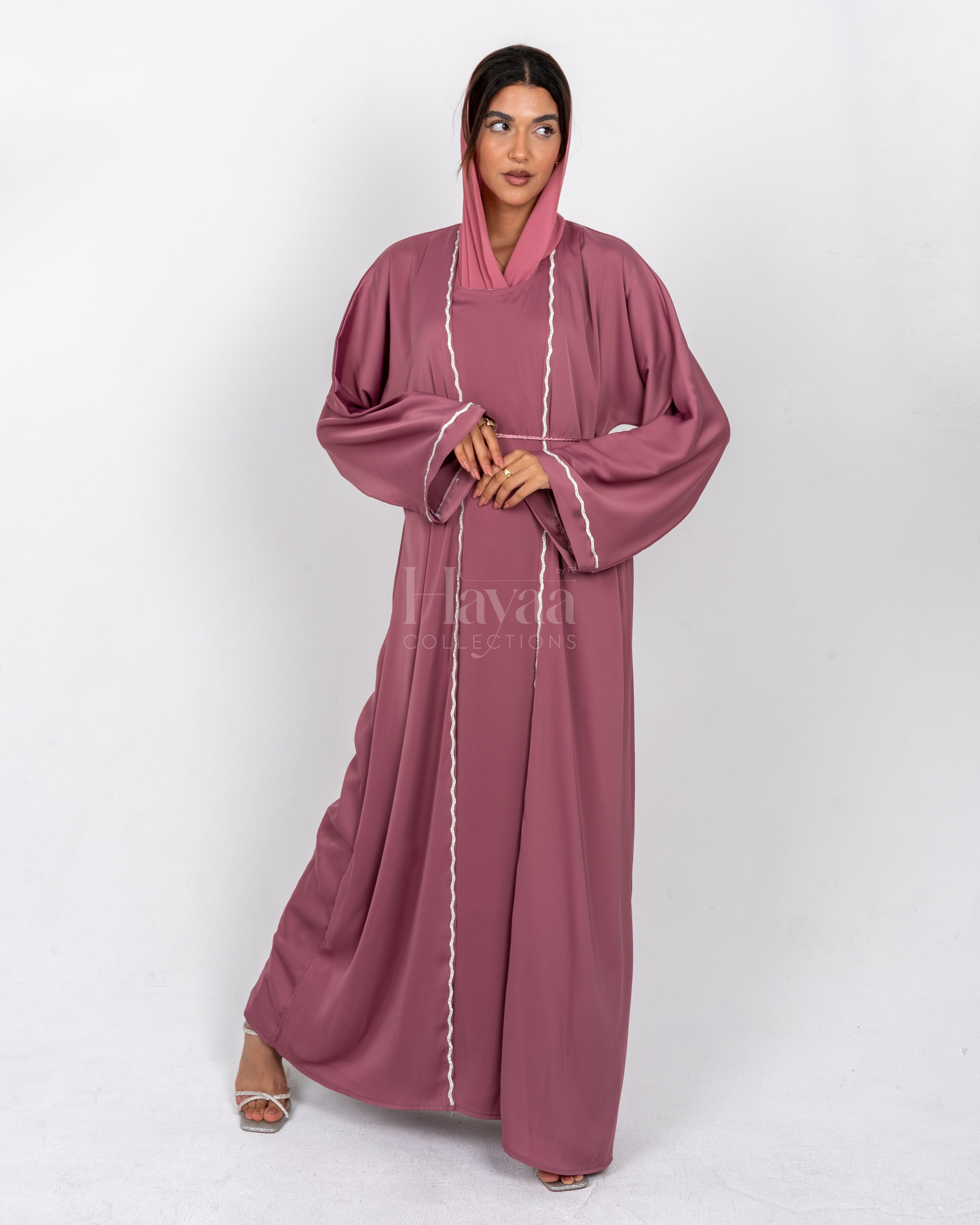 Aziza Dusky Pink Open Abaya Set front view