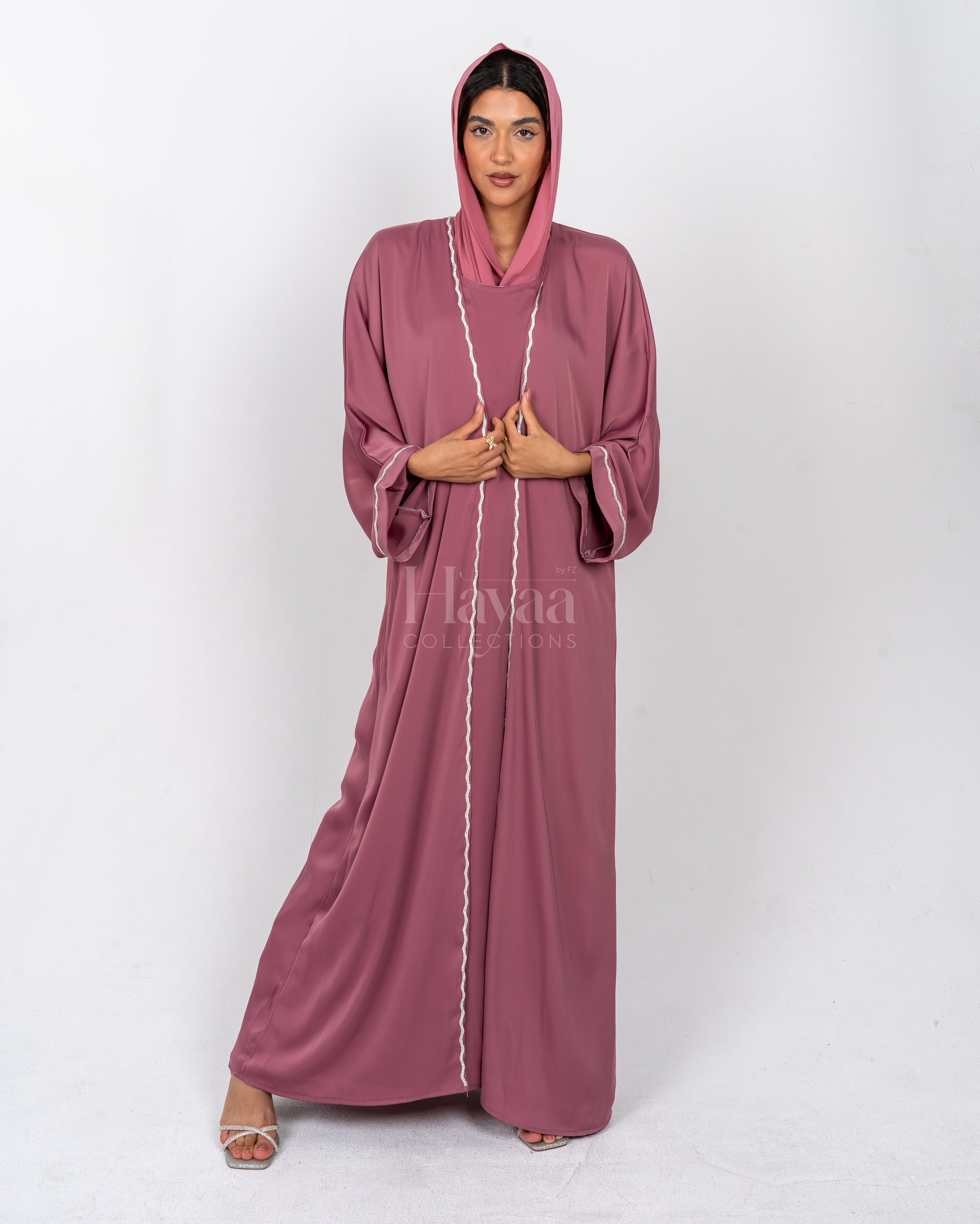 Aziza Dusky Pink Open Abaya Set front