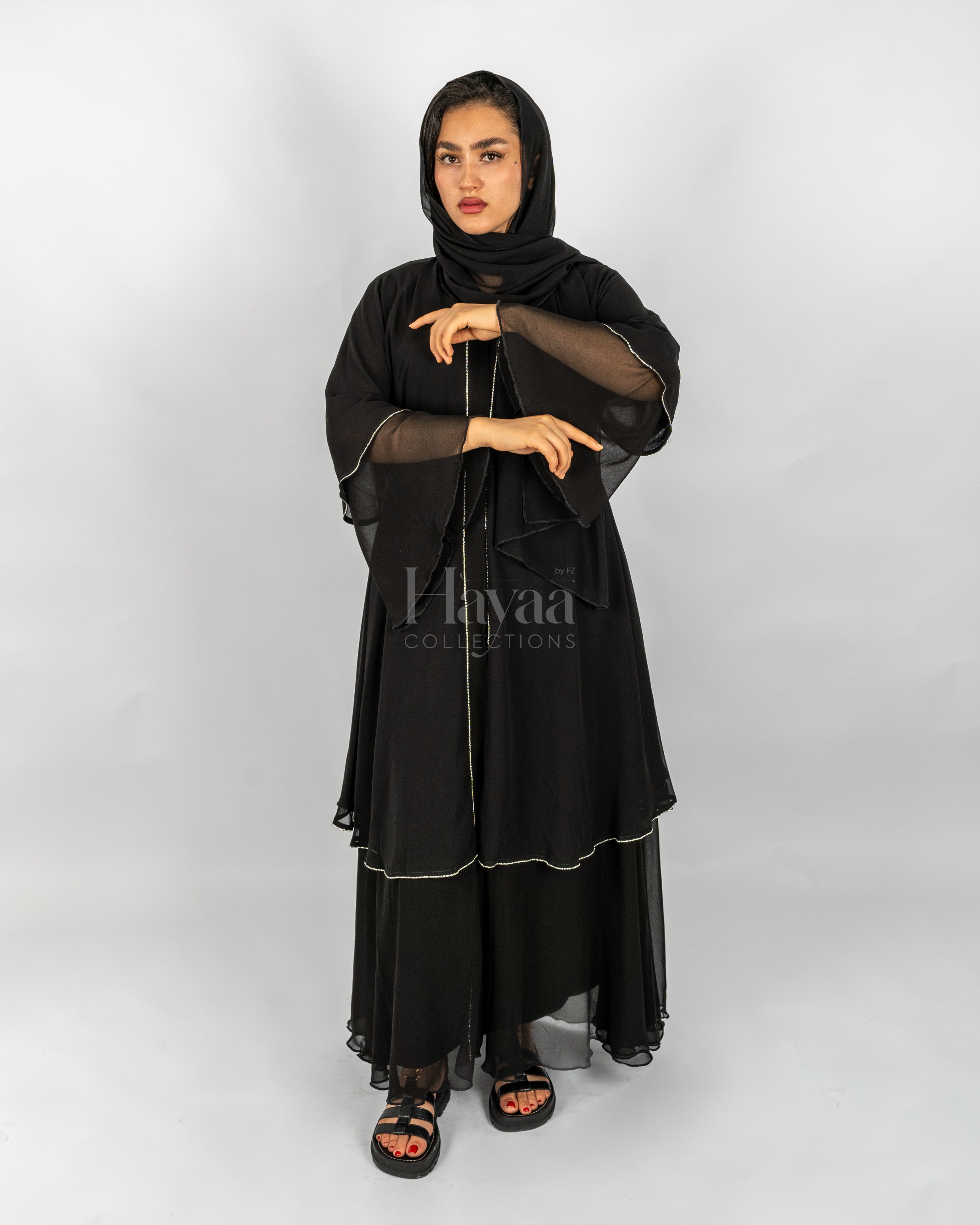 Amirah Black Two-Layered Studded Abaya