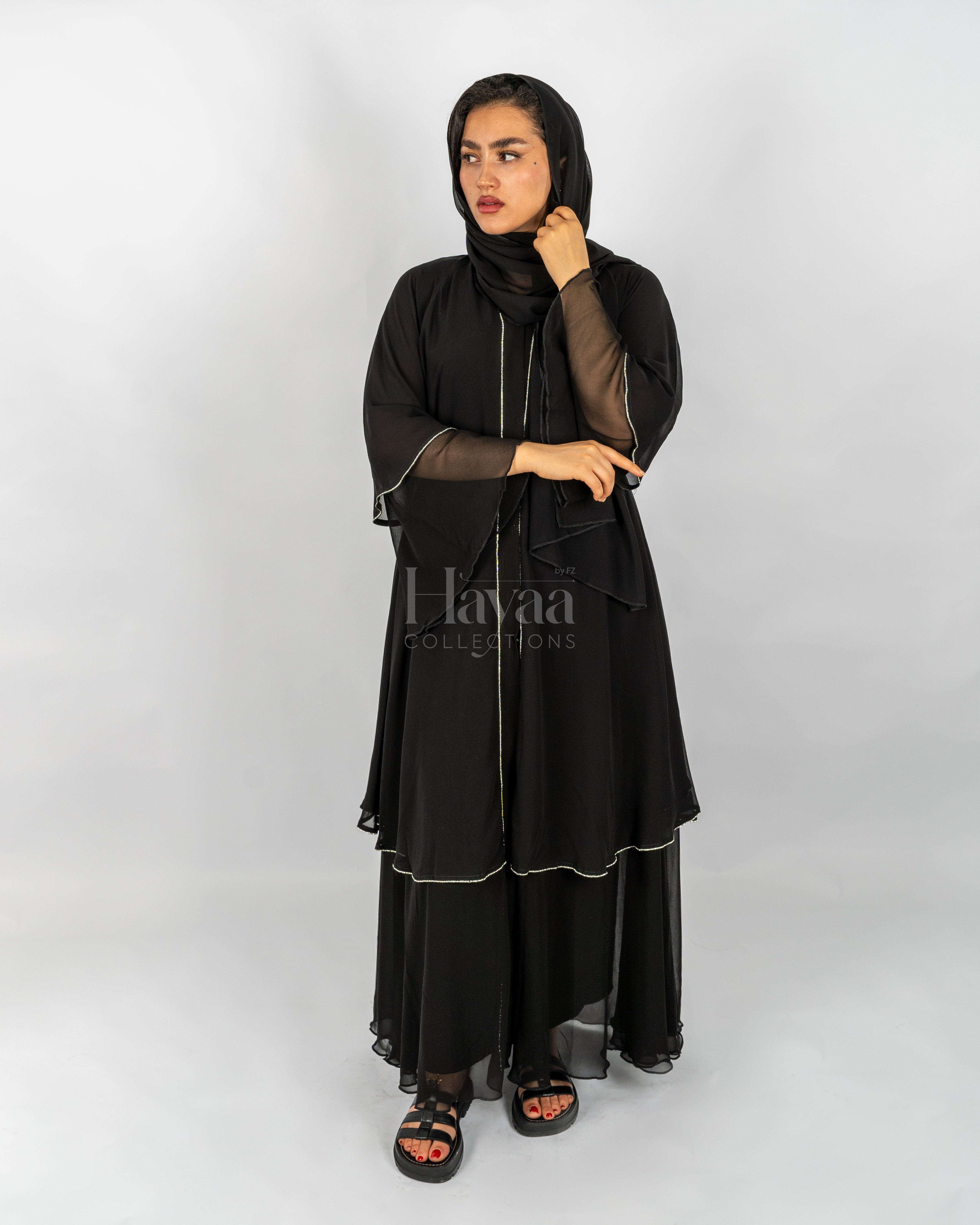 Amirah Black Two-Layered Studded Abaya