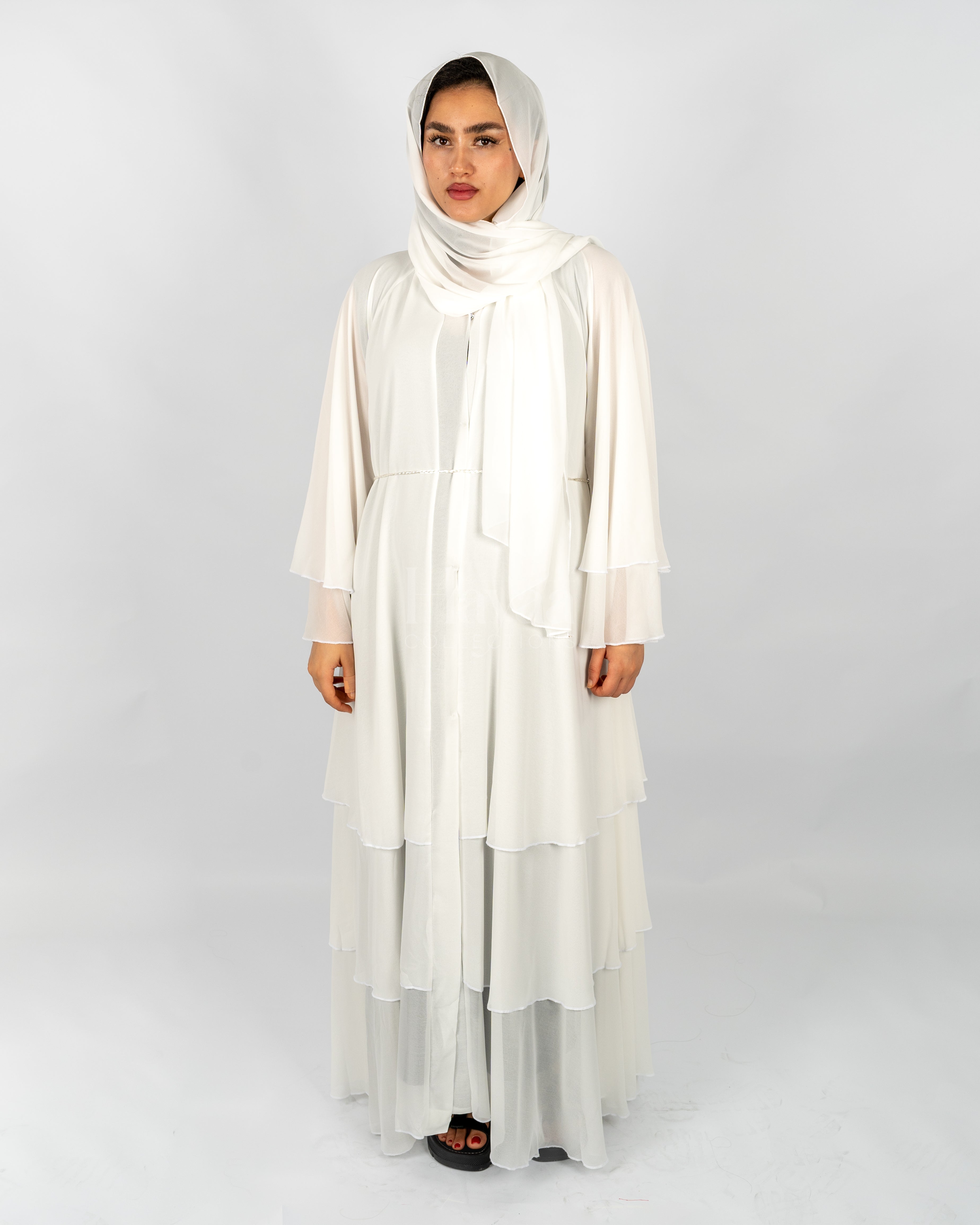 Amani white three layered abaya front 2