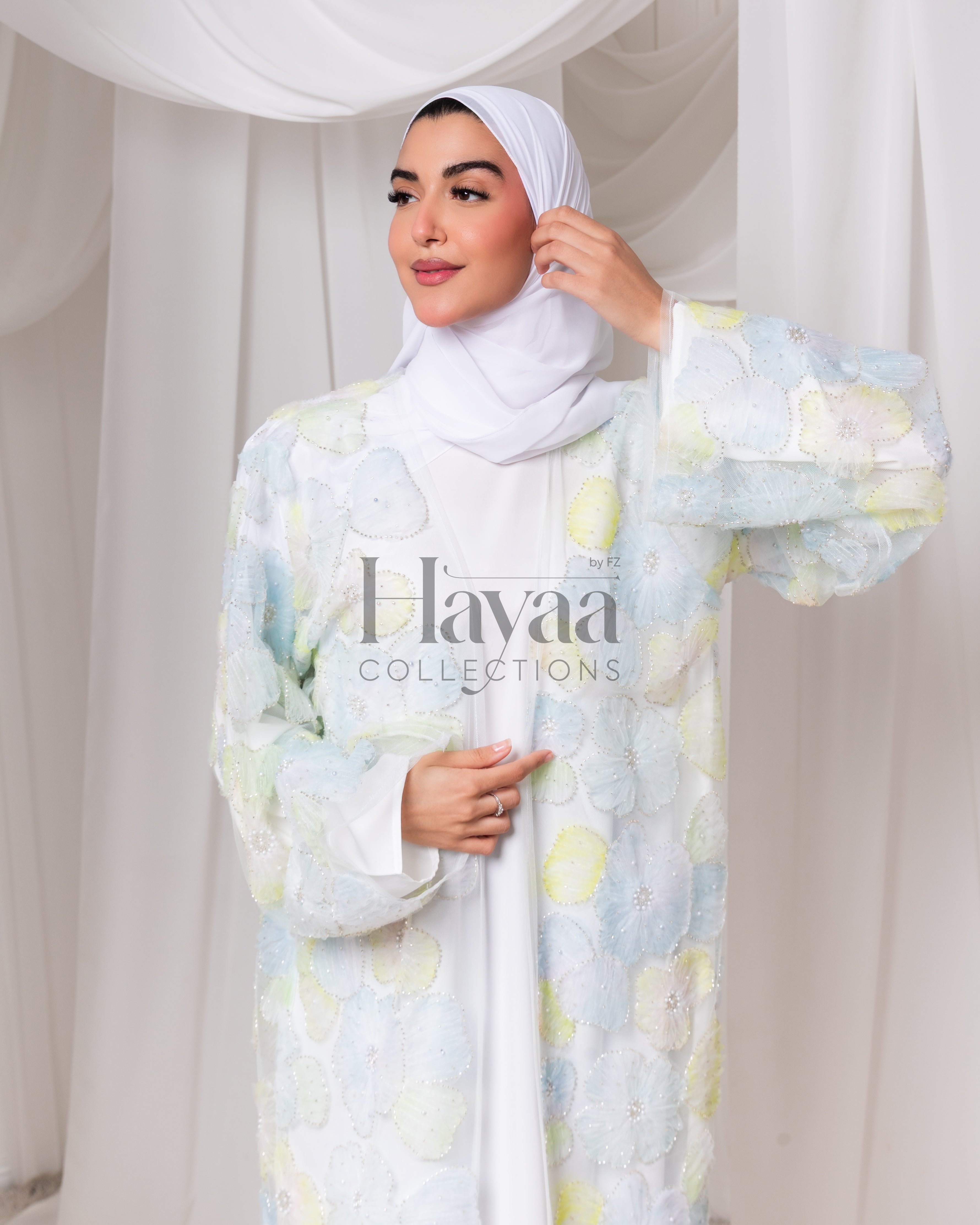 Liyana Light Blue Organza Printed Floral Open Abaya With Inner