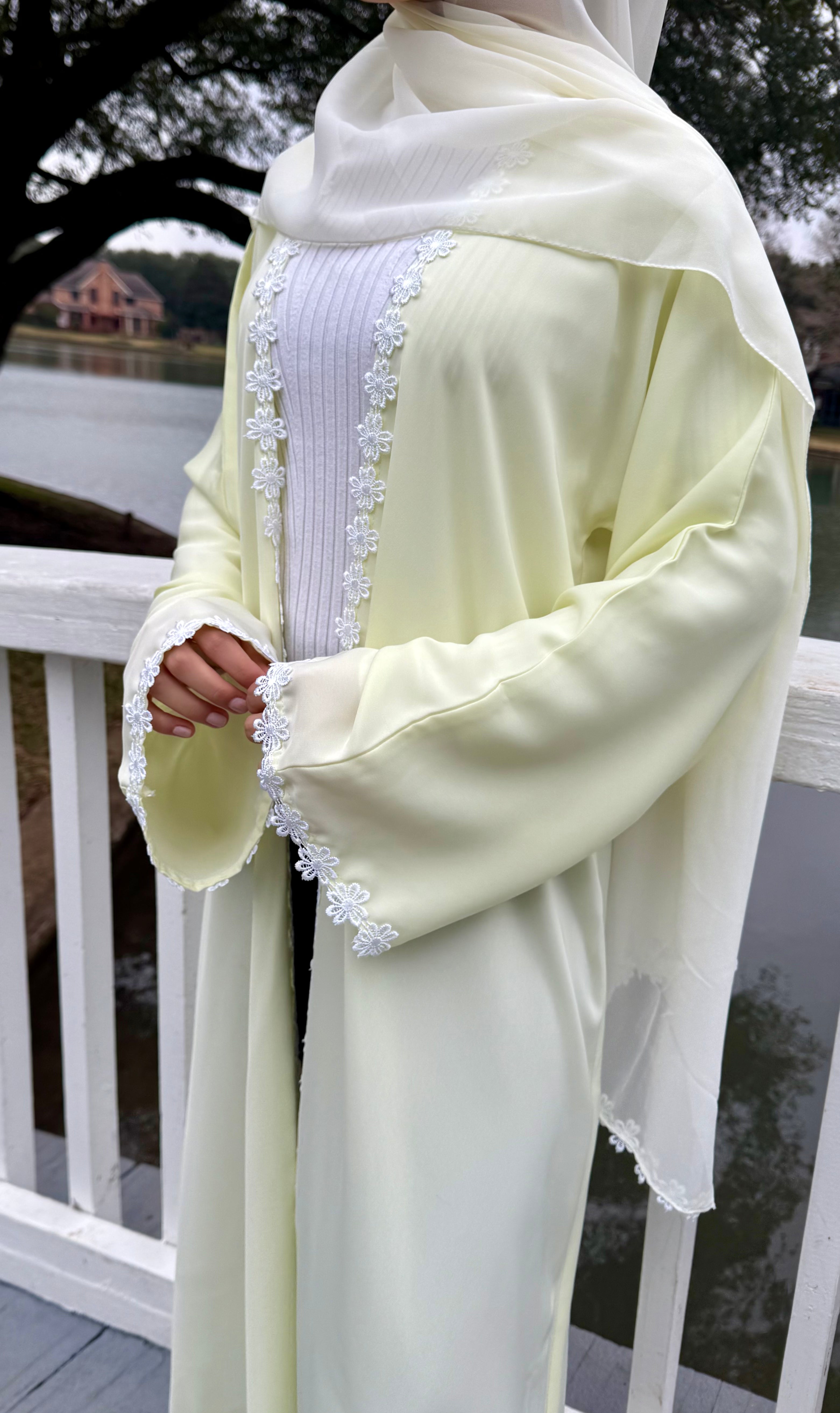 Arwa Butter Yellow Floral Lace Abaya