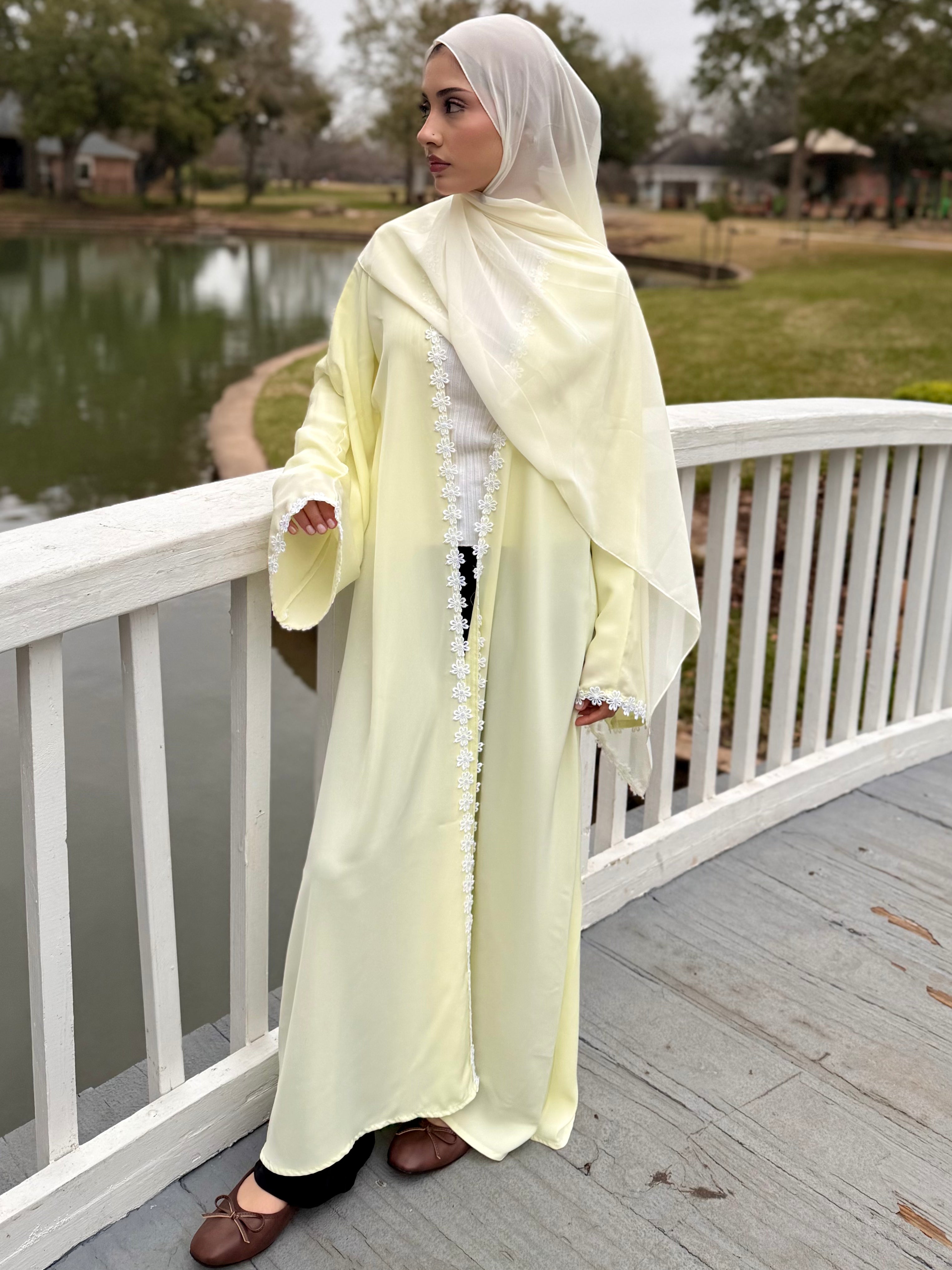 Arwa Butter Yellow Floral Lace Abaya