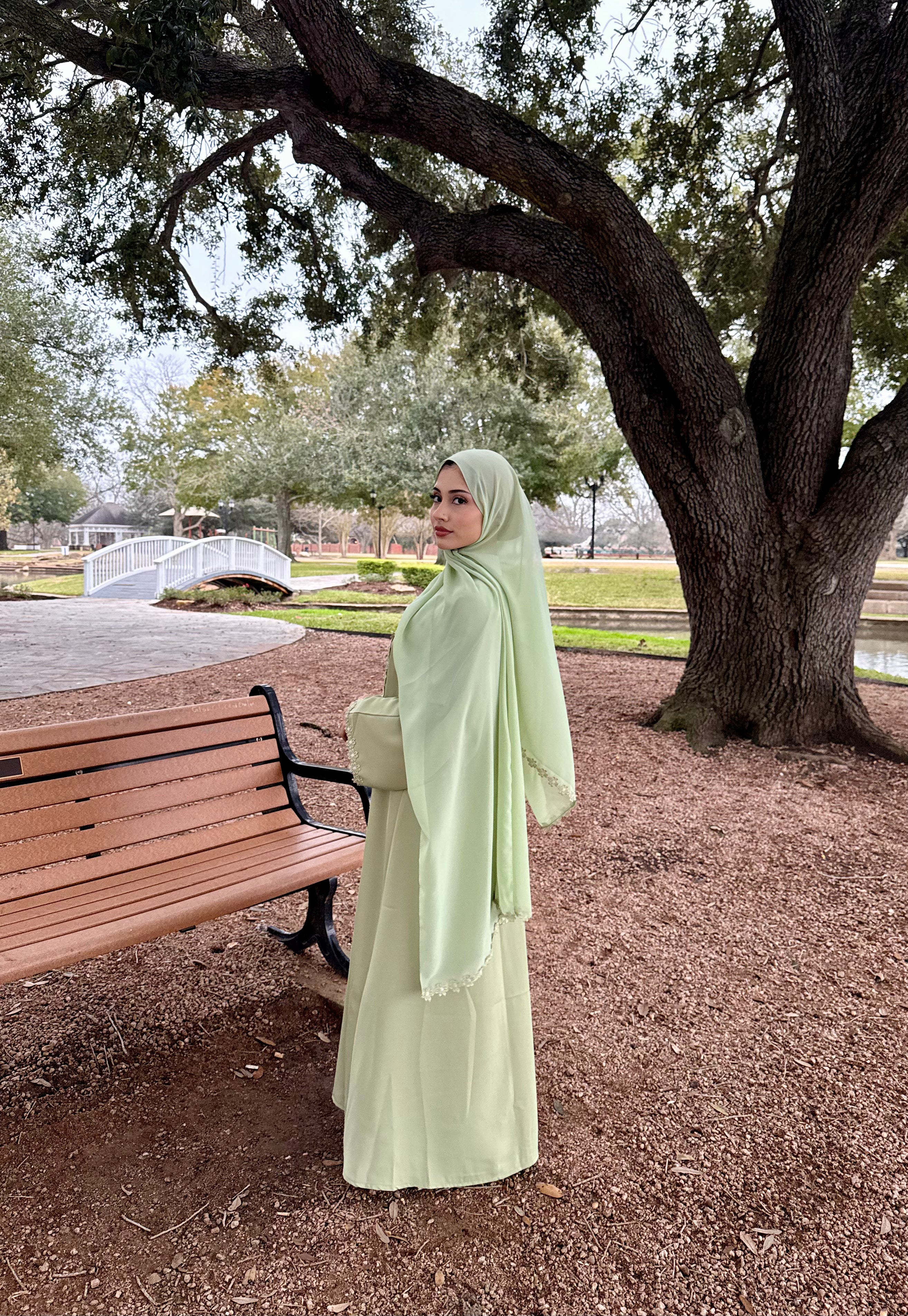 Arwa Sage Green Floral Lace Abaya